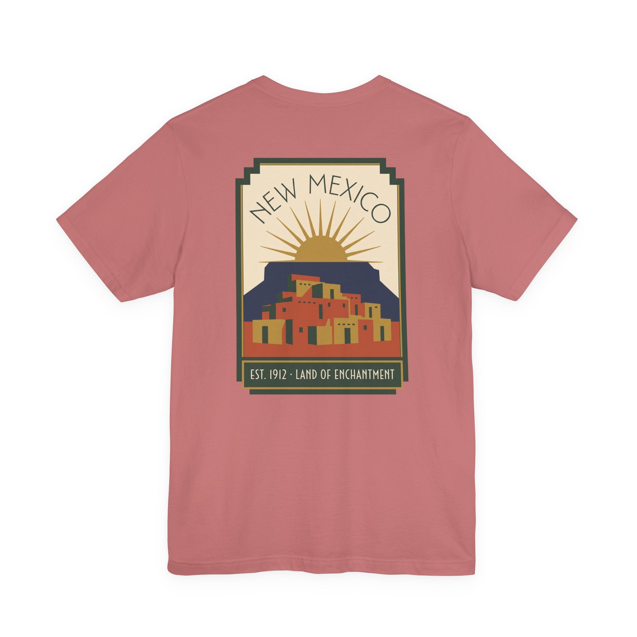 Dusty rose T-shirt with New Mexico sunset Pueblo art graphic in a square frame