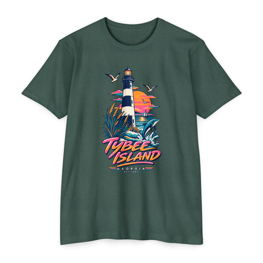 Dark green T-shirt with lighthouse sunset front graphic