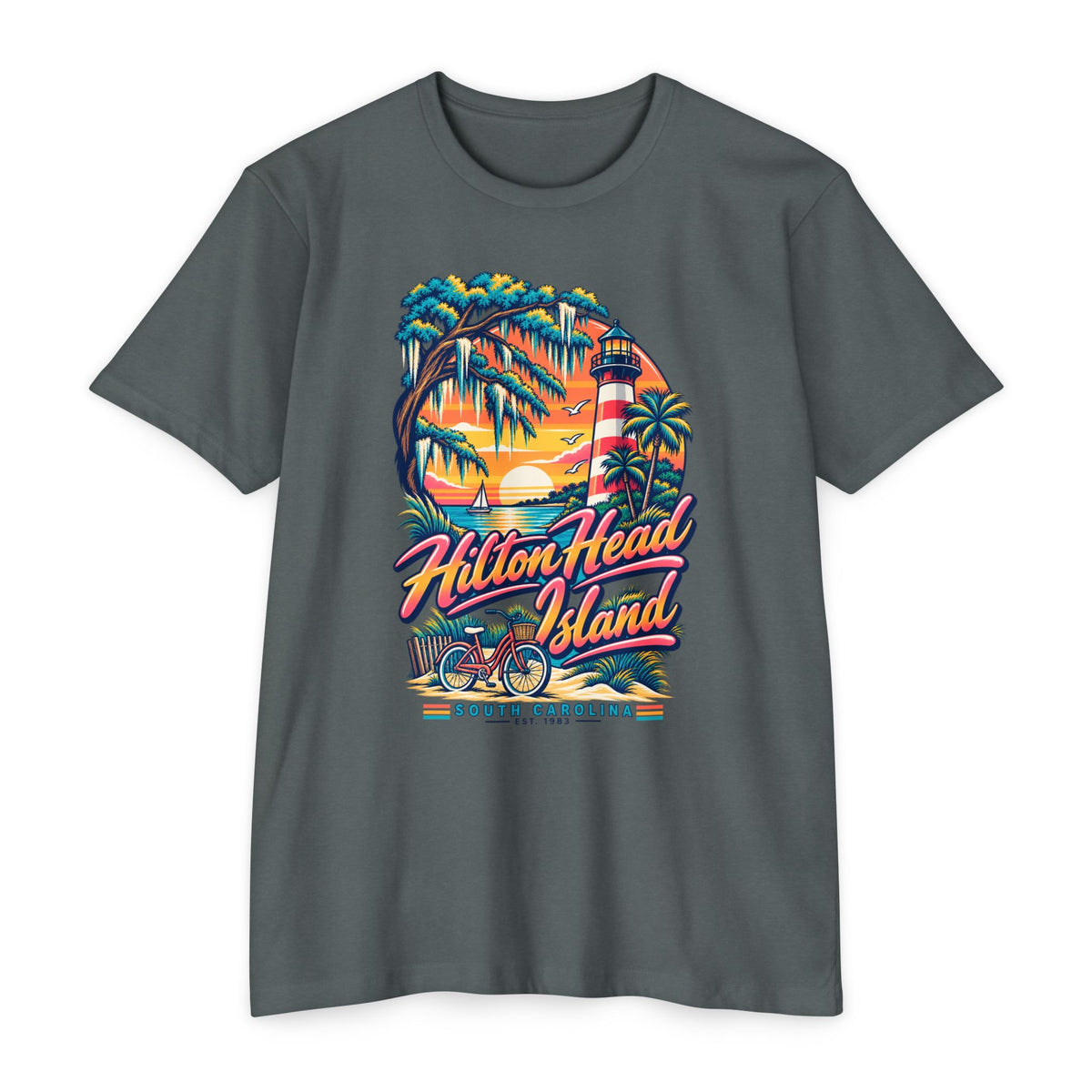 Charcoal T-shirt with front lighthouse, palm trees, and bicycle graphic print