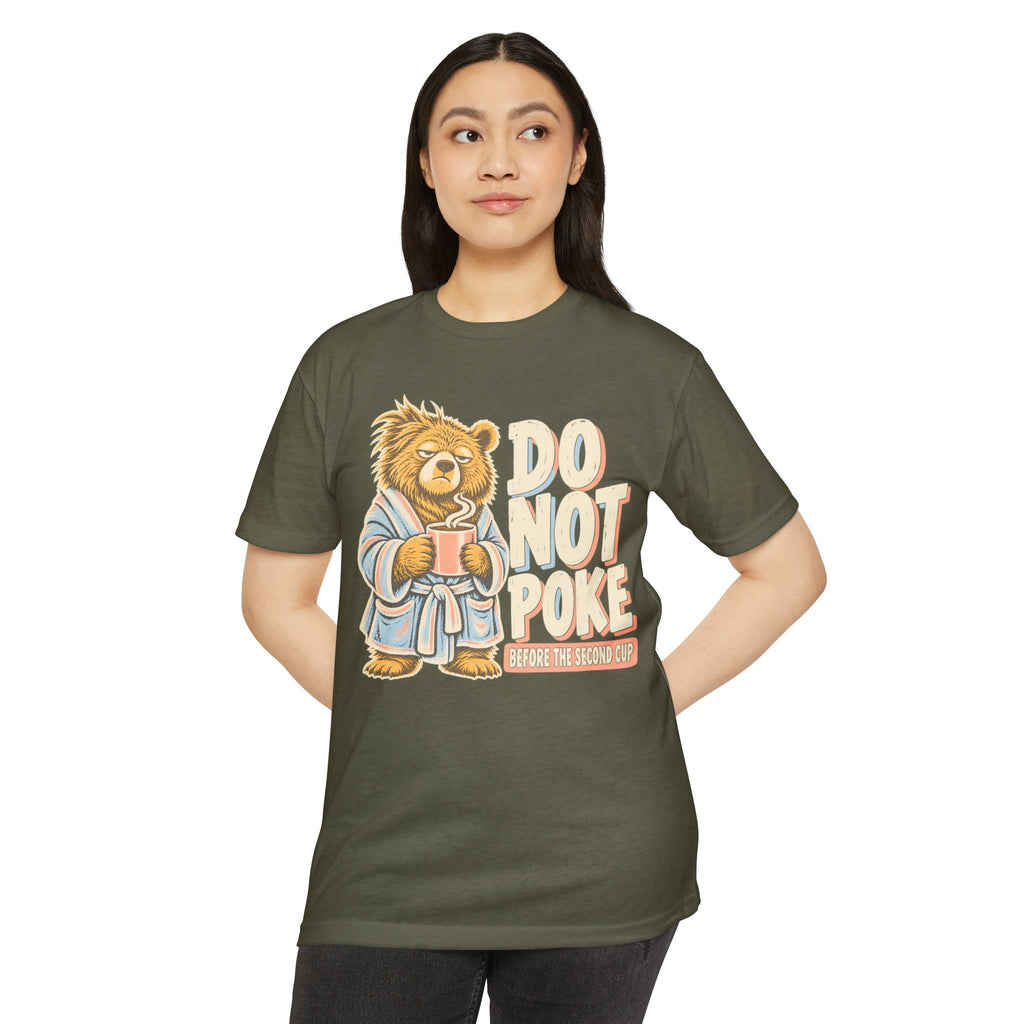 Olive green women’s T-shirt with grumpy bear graphic and “DO NOT POKE” front print