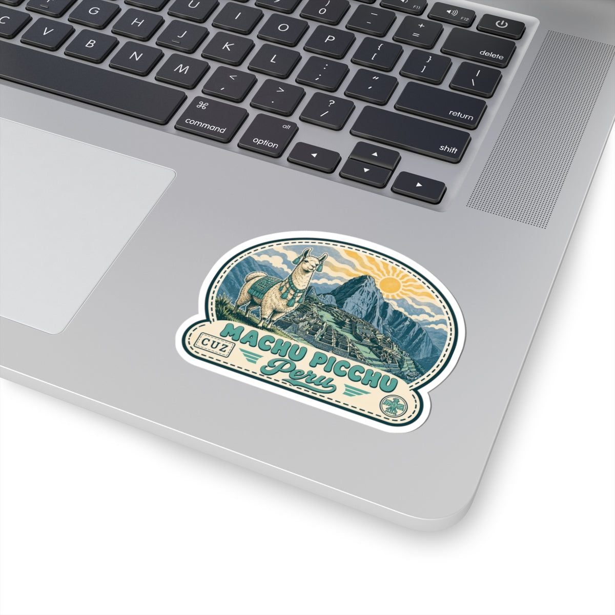 Travel laptop sticker: vintage Machu Picchu Peru decal with llama, ruins, and sun