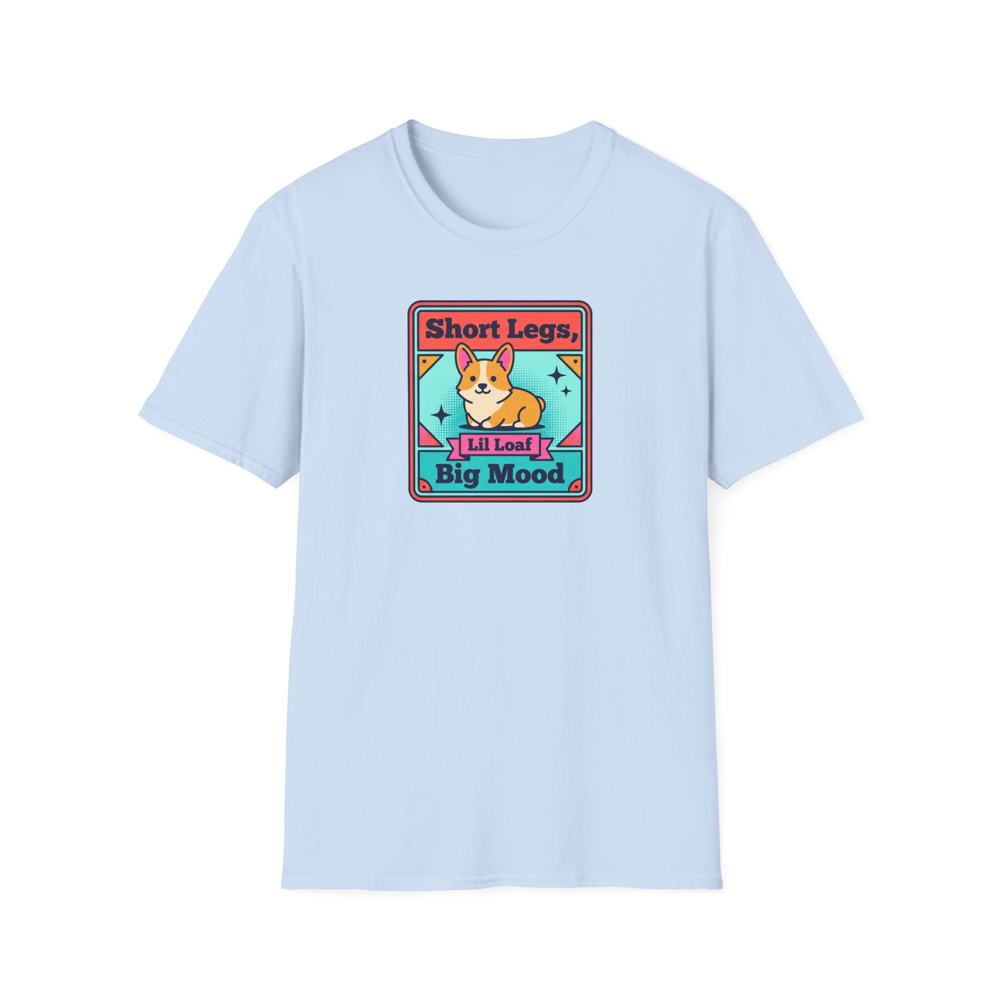 Light blue T-shirt with framed corgi graphic centered on chest