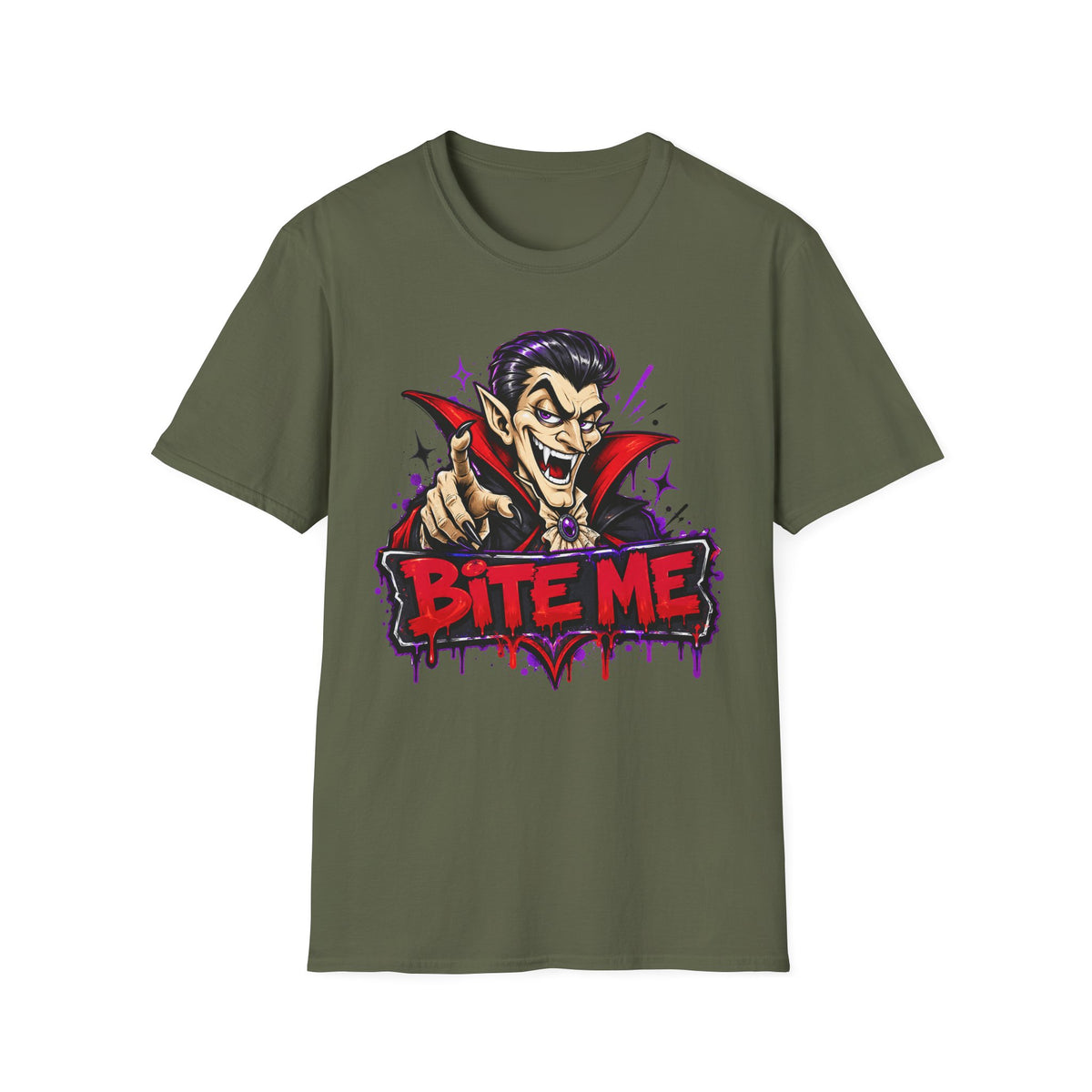 Dark green T-shirt with vampire pointing graphic and 'Bite Me' text