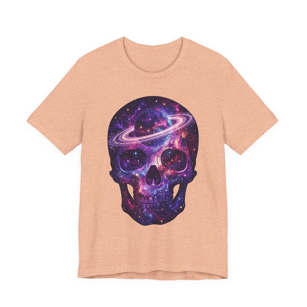 Peach Galaxy Skull T-Shirt with colorful nebula skull and ring planet print