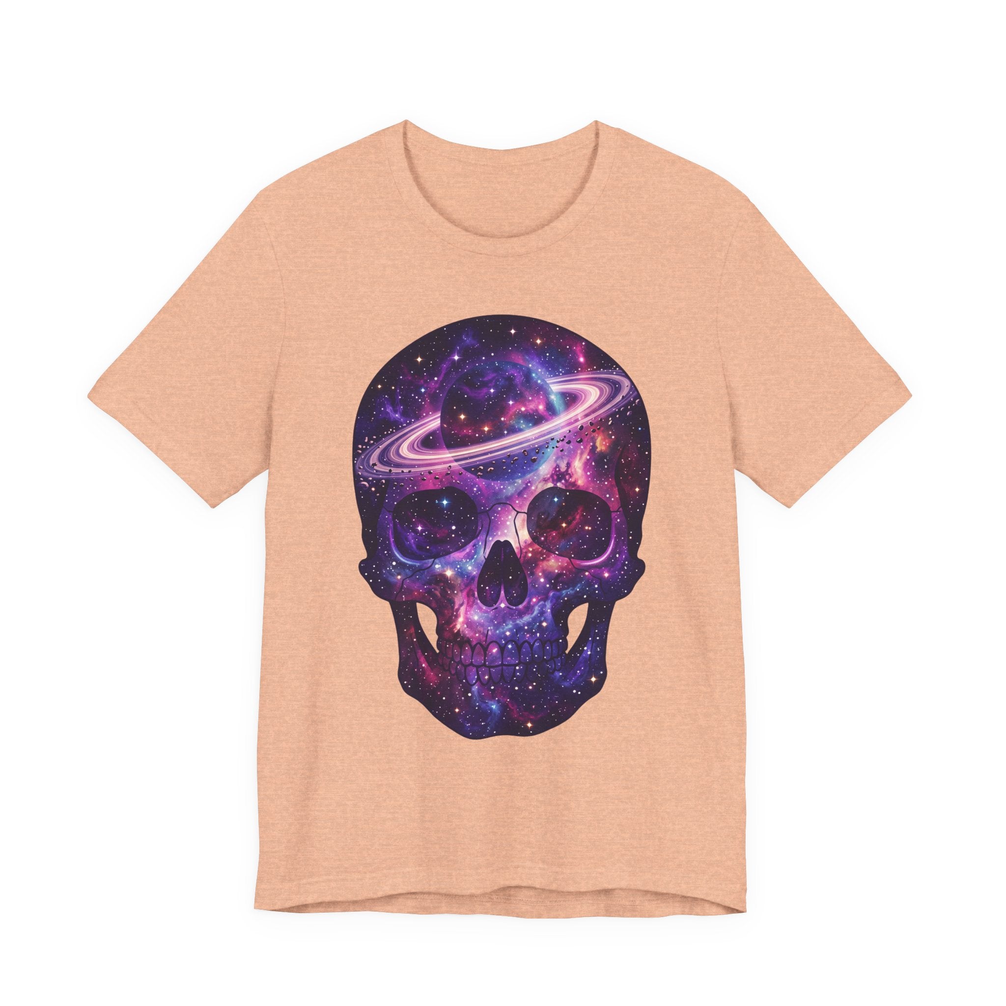 Peach Galaxy Skull T-Shirt with colorful nebula skull and ring planet print