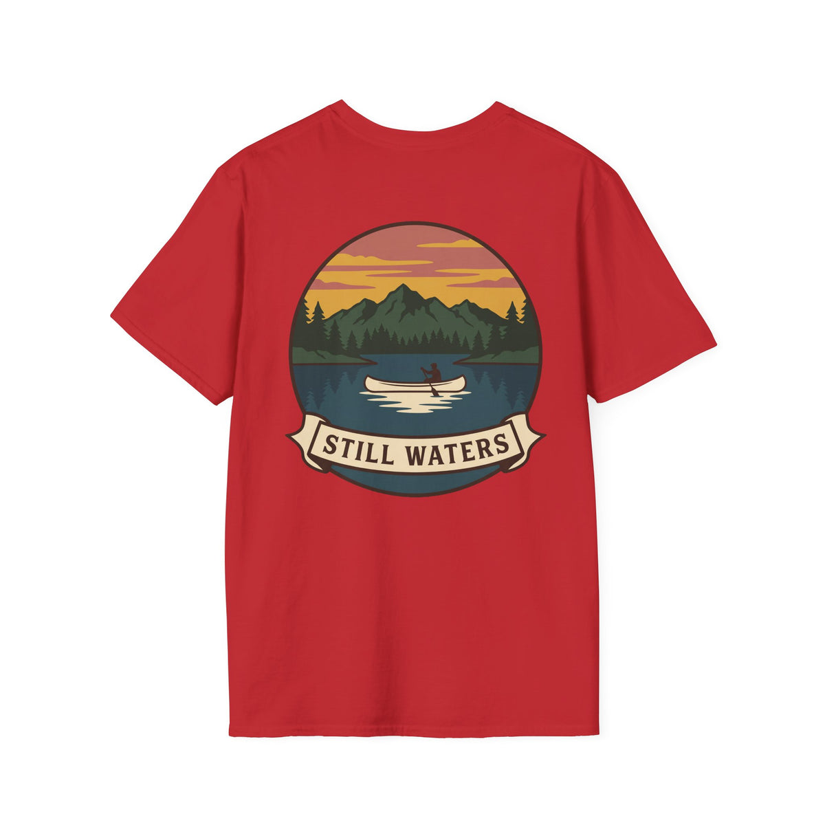 Red canoe lake scene T-shirt with “STILL WATERS” canoe badge graphic
