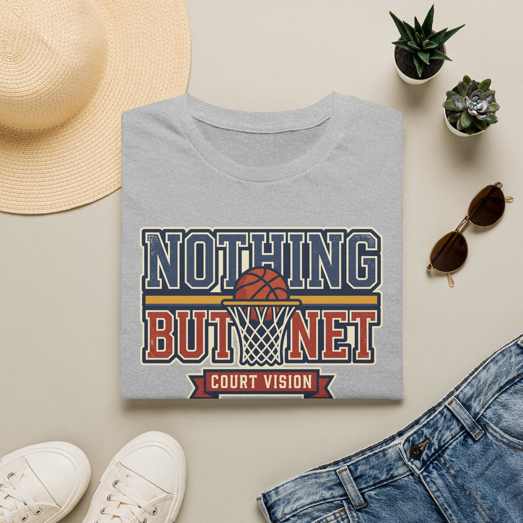 Light gray basketball T-shirt with “Nothing But Net” court vision graphic on front.