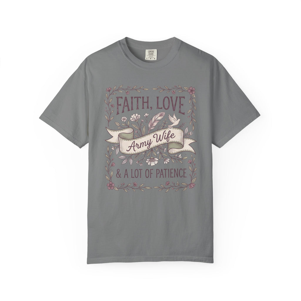 Dark gray crewneck T-shirt with floral "Faith Love & A Lot of Patience" print