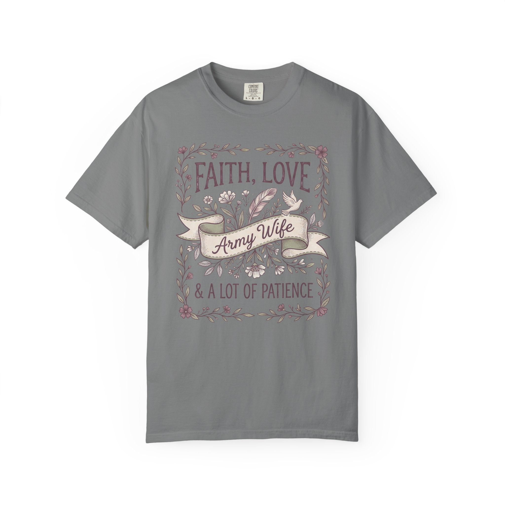 Dark gray crewneck T-shirt with floral "Faith Love & A Lot of Patience" print