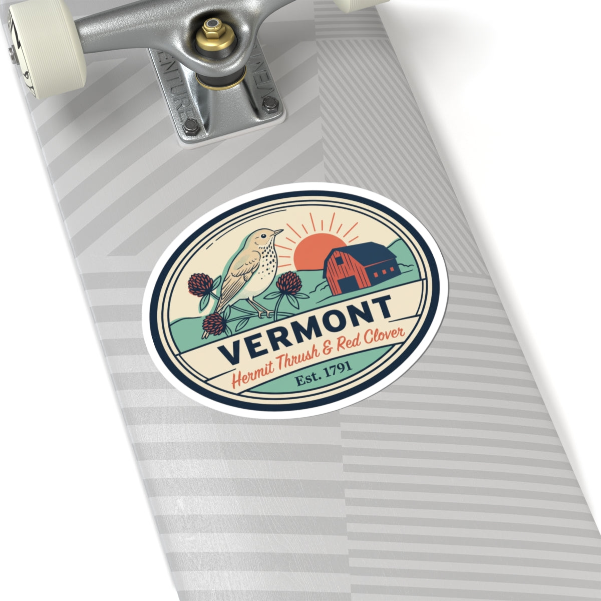 Vermont sticker on striped notebook cover with hermit thrush, red clover, barn, Est. 1791
