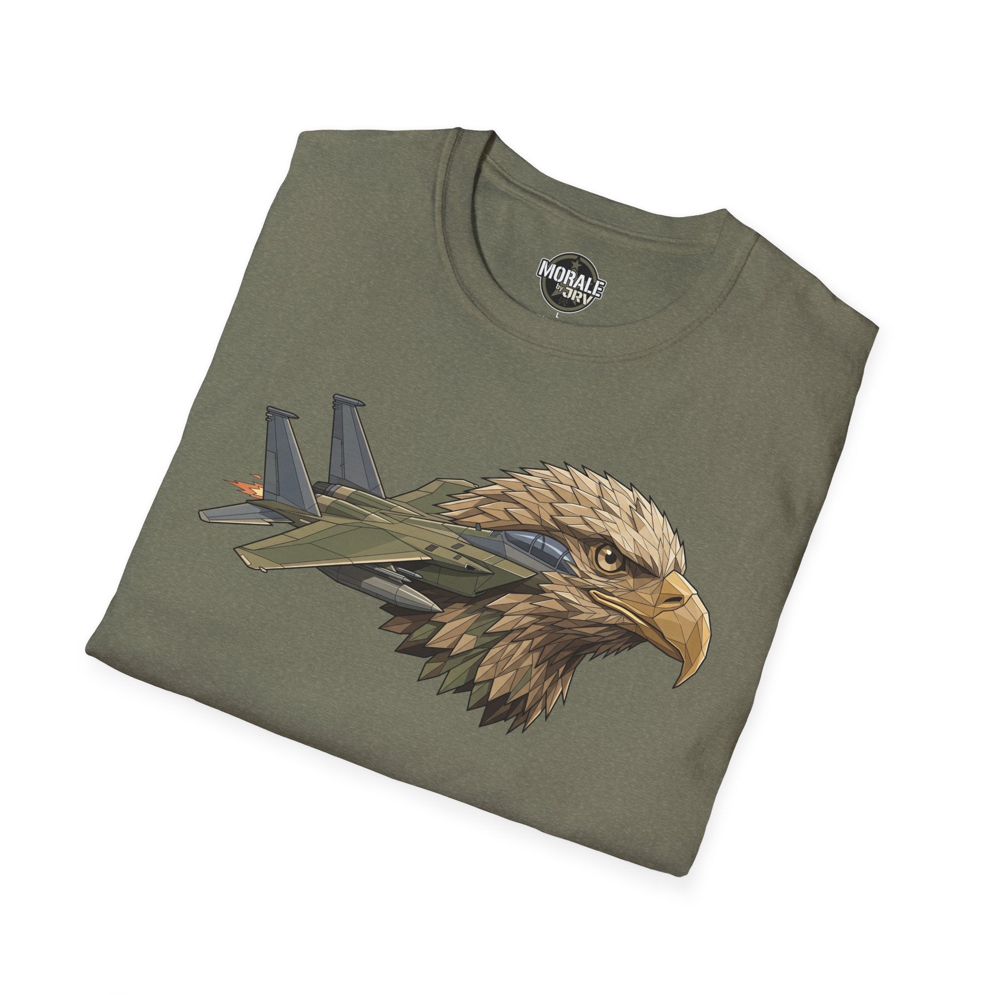 Heather military green T-shirt with eagle head and fighter jets graphic on front