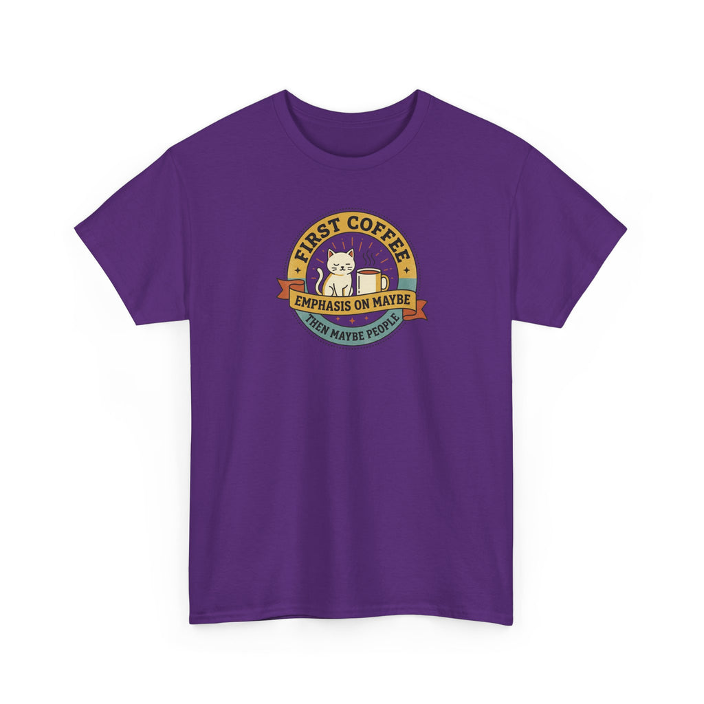 Purple crew-neck T-shirt with circular coffee-themed graphic on front.