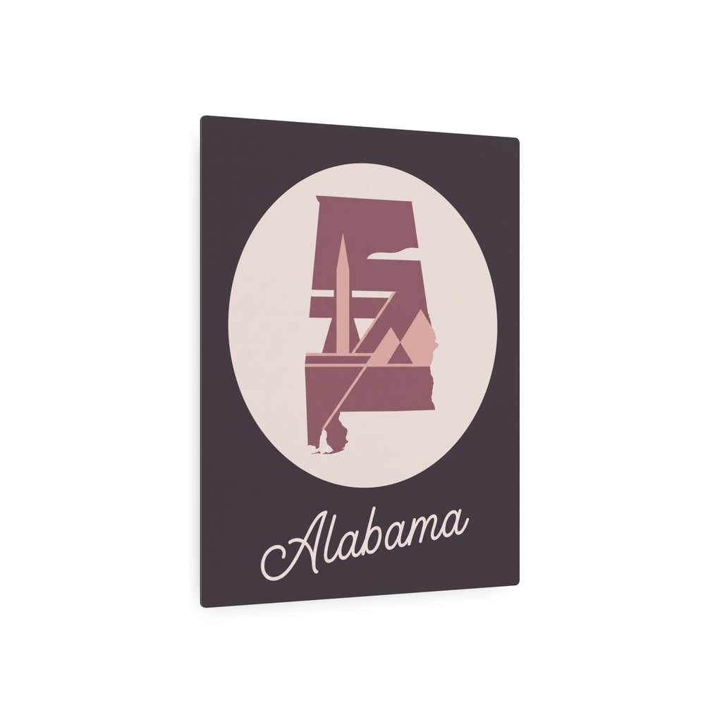 Square metal wall art with mauve Alabama state outline, circular emblem, and “Alabama”