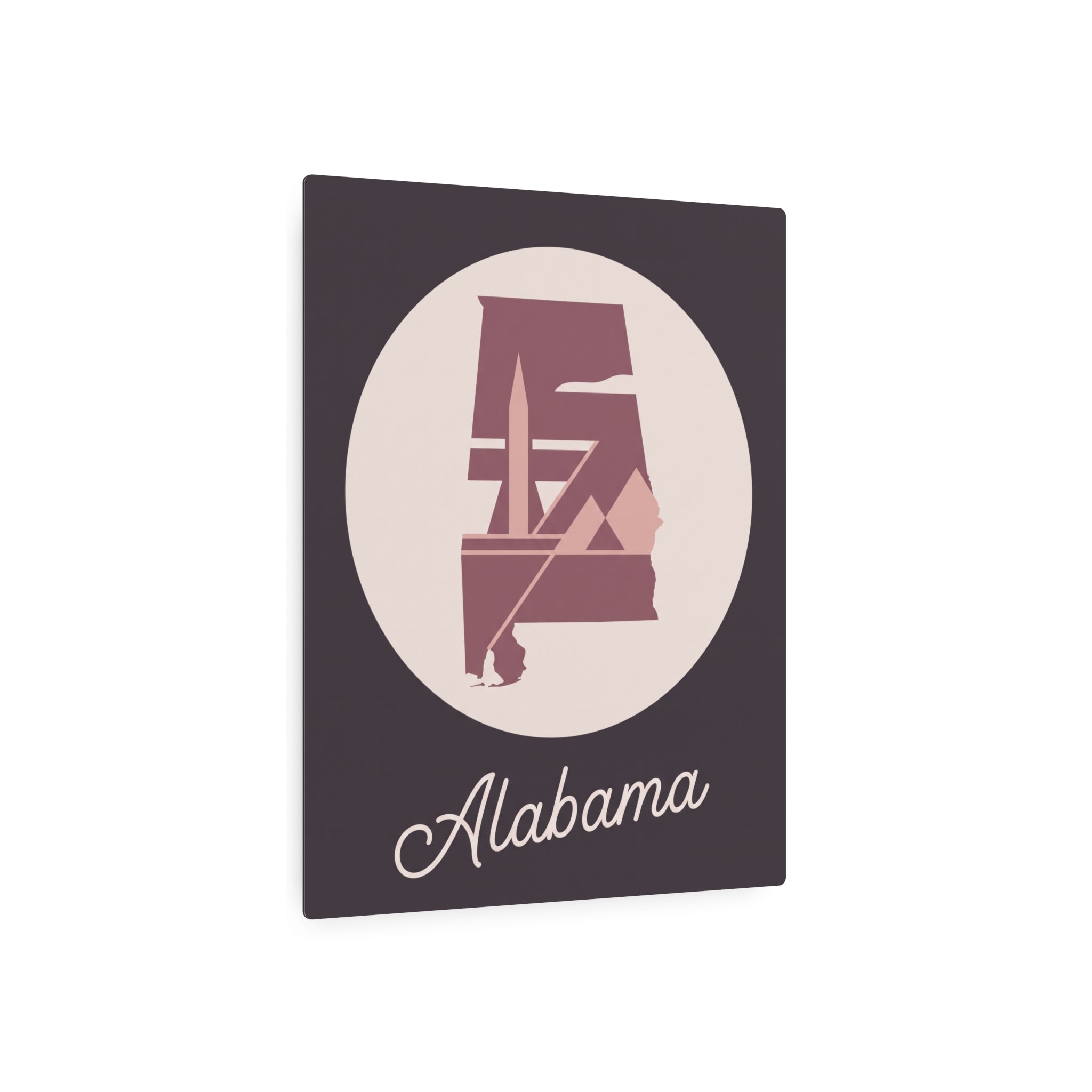Square metal wall art with mauve Alabama state outline, circular emblem, and “Alabama”