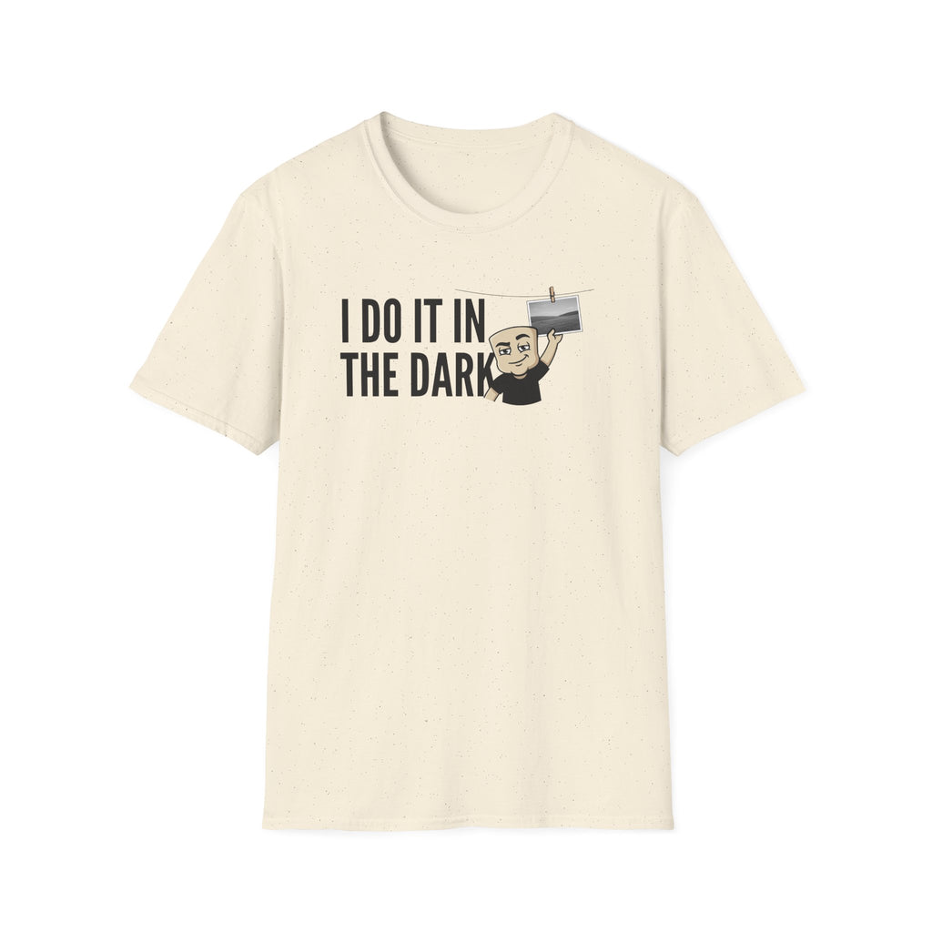 Natural beige T-shirt with “I DO IT IN THE DARK” camera graphic on chest