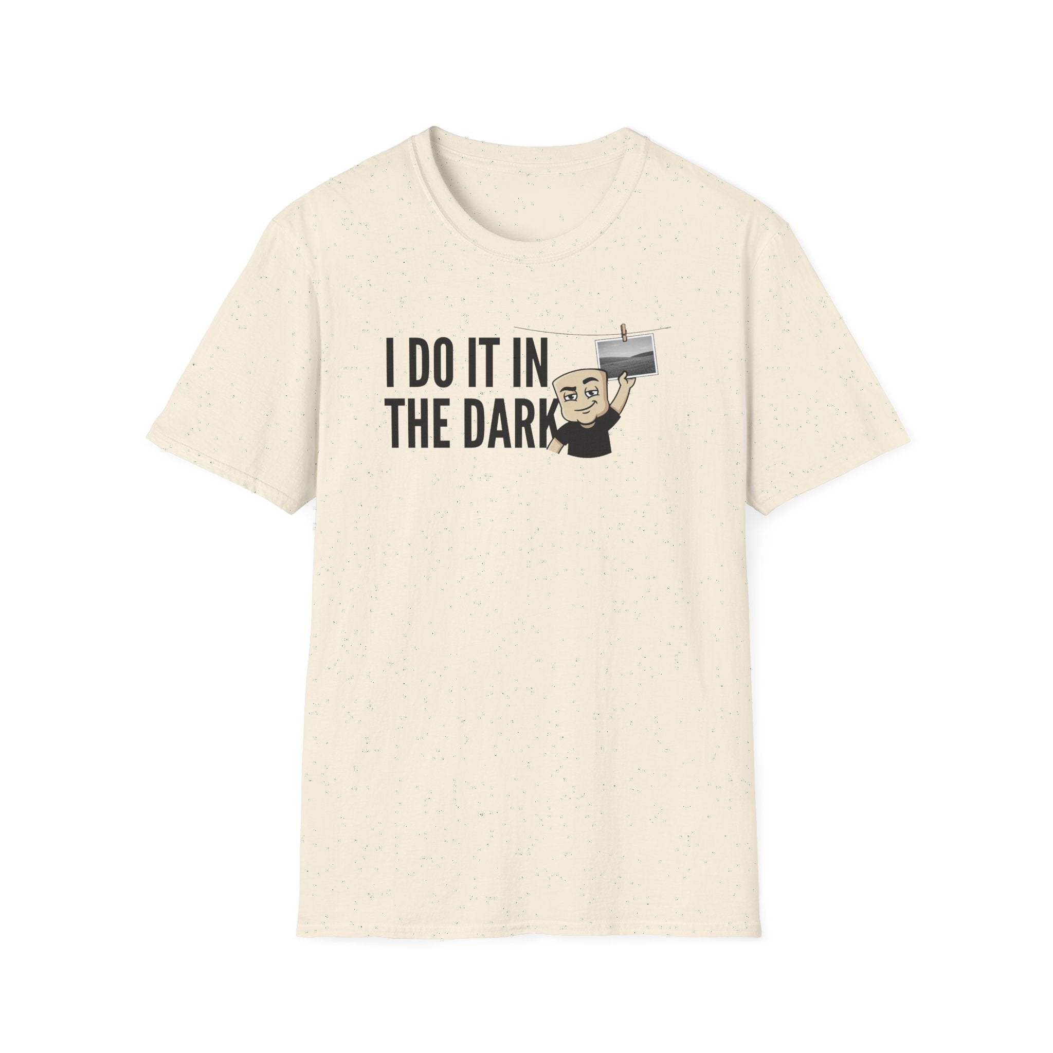 Natural beige T-shirt with “I DO IT IN THE DARK” camera graphic on chest