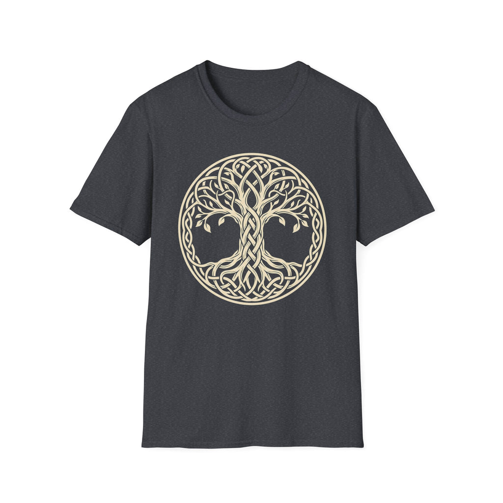 Dark gray T-shirt with pale gold Celtic tree of life knotwork circle graphic