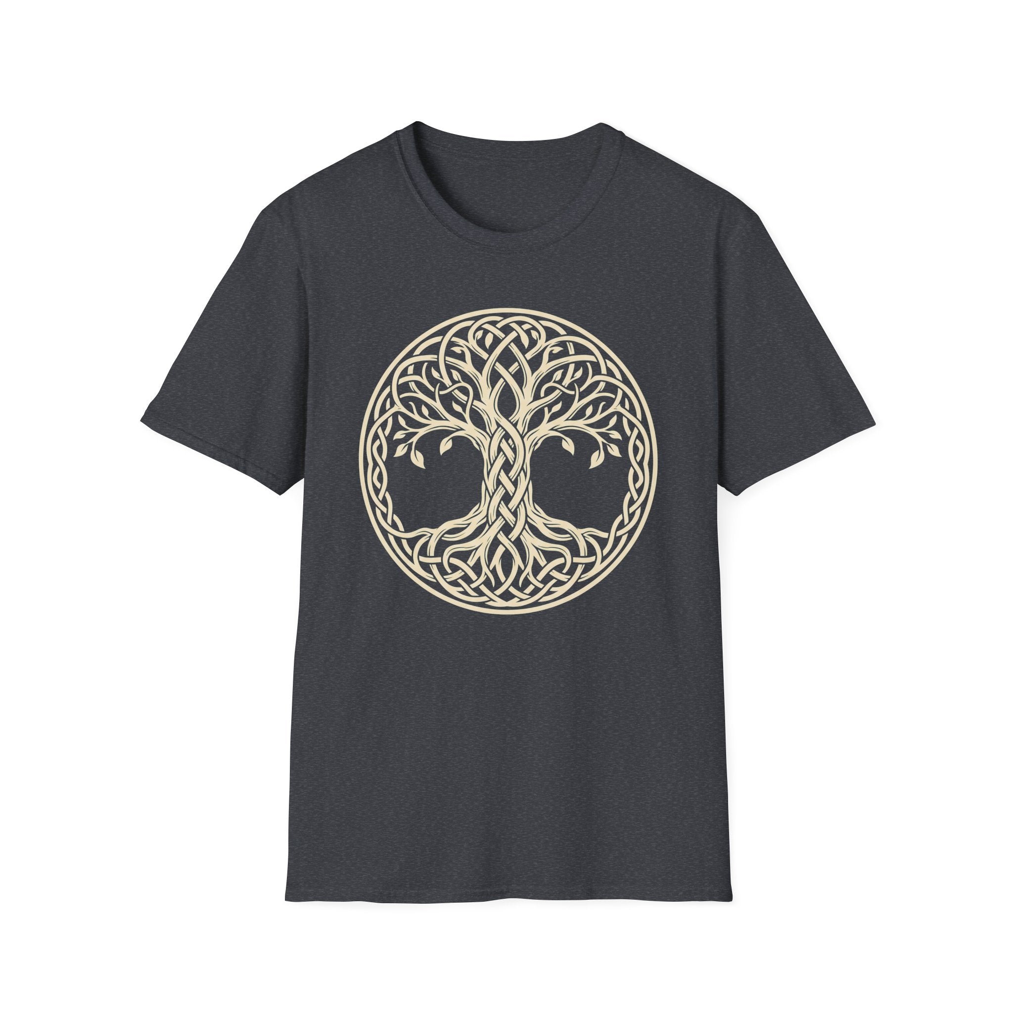Dark gray T-shirt with pale gold Celtic tree of life knotwork circle graphic