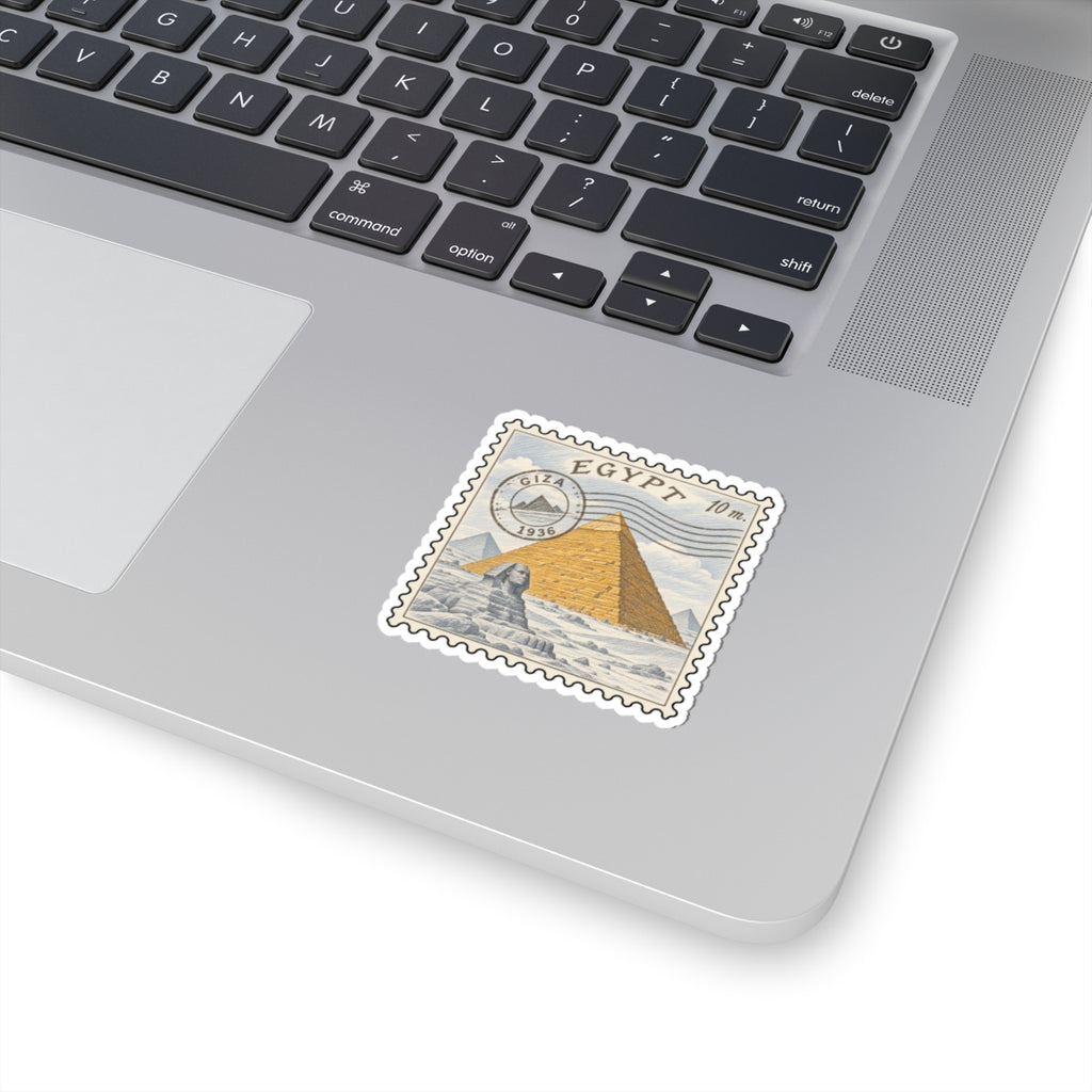 Egypt pyramid stamp decal with scalloped border on white laptop lid