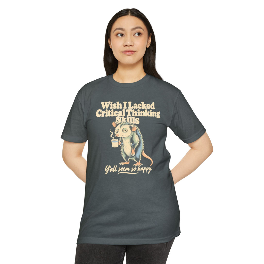 Short-sleeve T-shirt in dark gray with opossum holding coffee and printed slogan