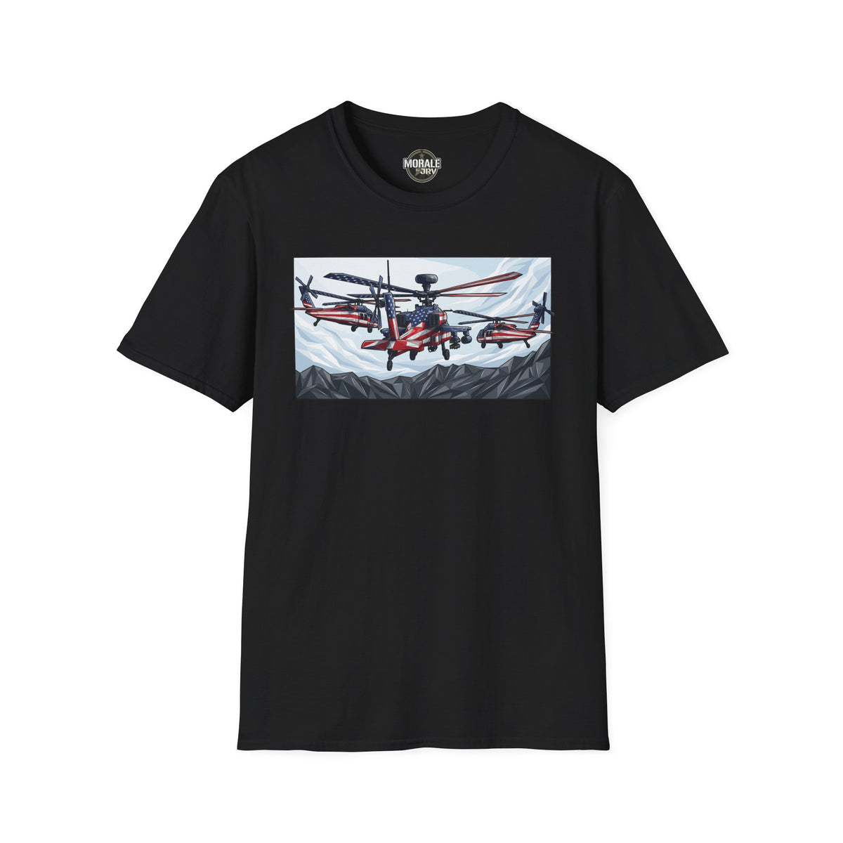 Black crewneck t-shirt with rectangular helicopter graphic print on the chest