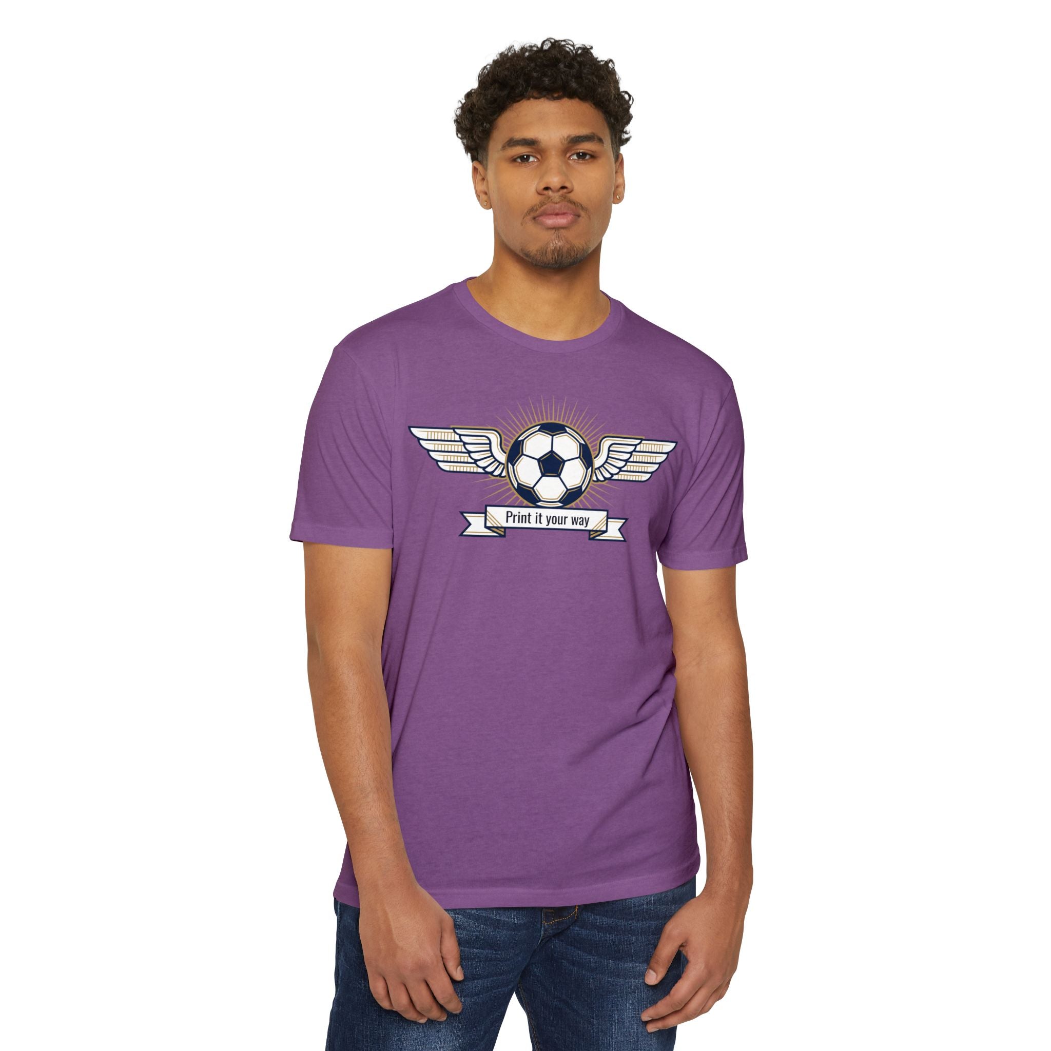 Purple soccer T-shirt with winged soccer emblem graphic across chest.