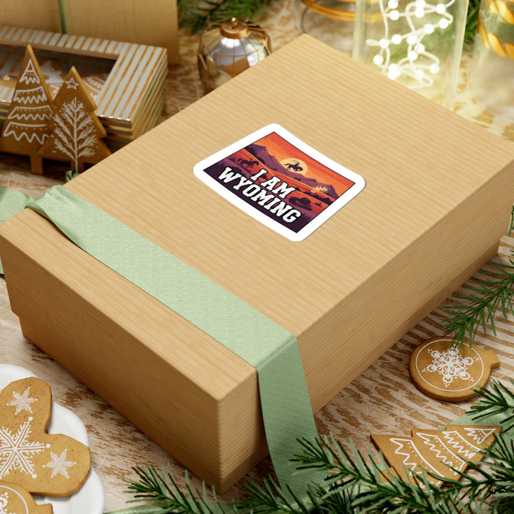 I Am Wyoming sticker on gift box, 'I AM WYOMING' text with western buffalo landscape.