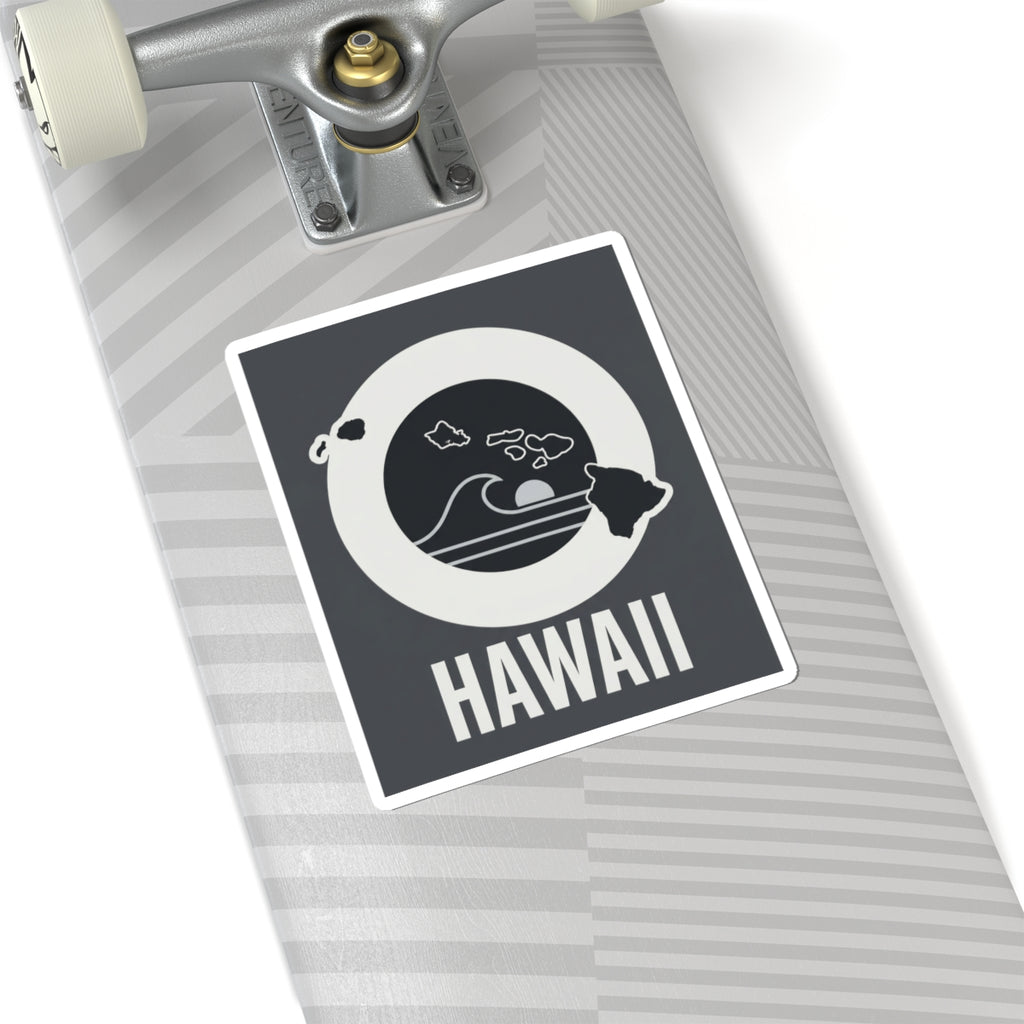 Square kiss-cut sticker on a notebook cover, HAWAII wave emblem with white circular border