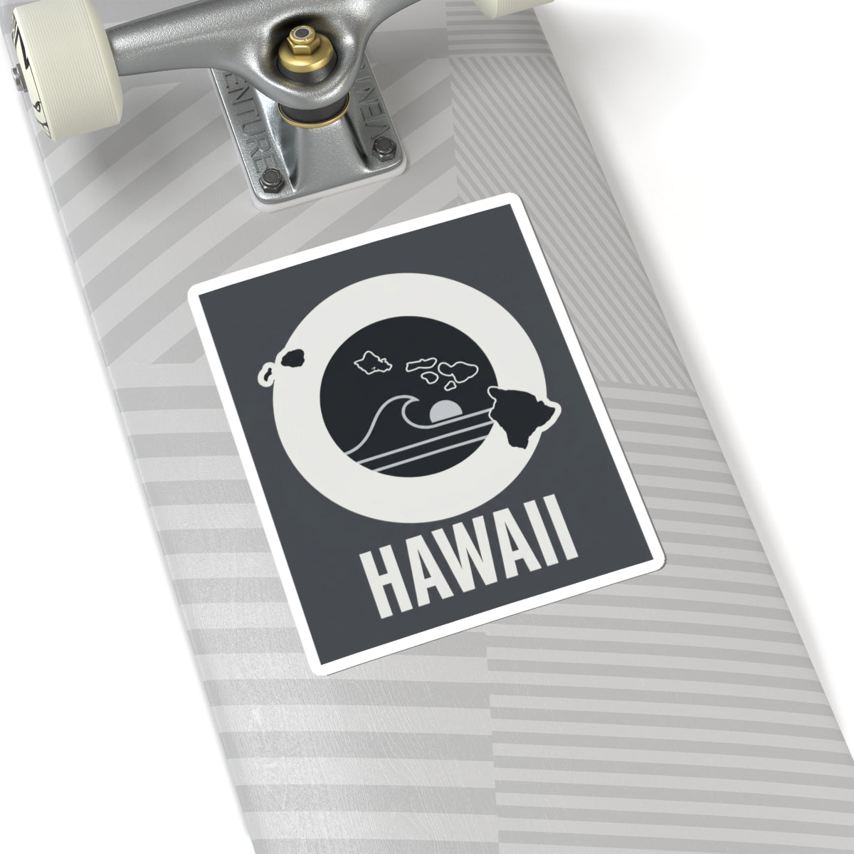 Square kiss-cut sticker on a notebook cover, HAWAII wave emblem with white circular border