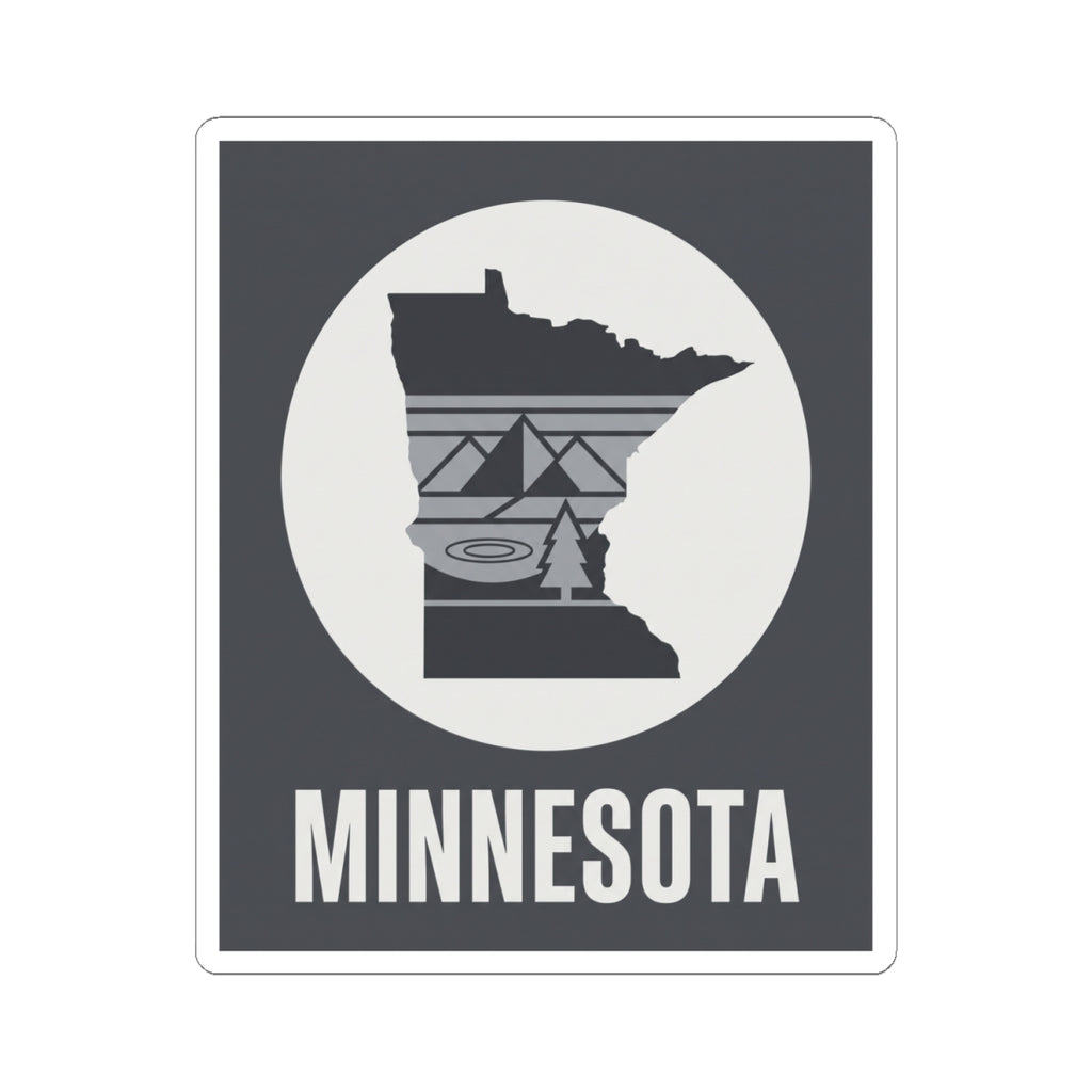 Minnesota state silhouette kiss-cut sticker showing circular icon and “MINNESOTA”