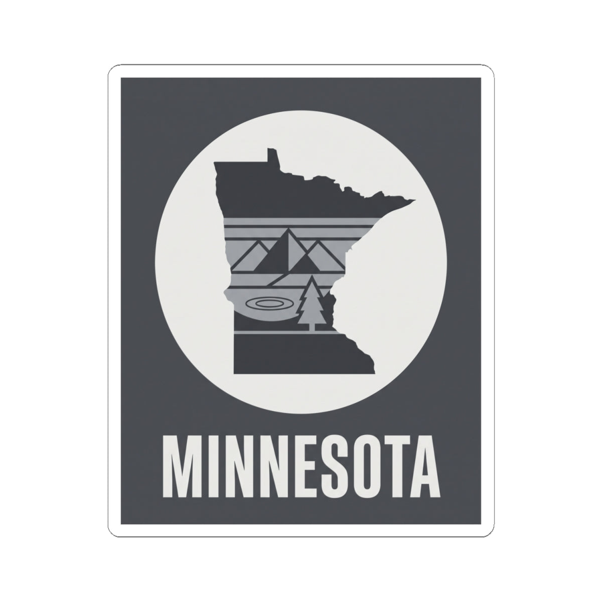 Minnesota state silhouette kiss-cut sticker showing circular icon and “MINNESOTA”