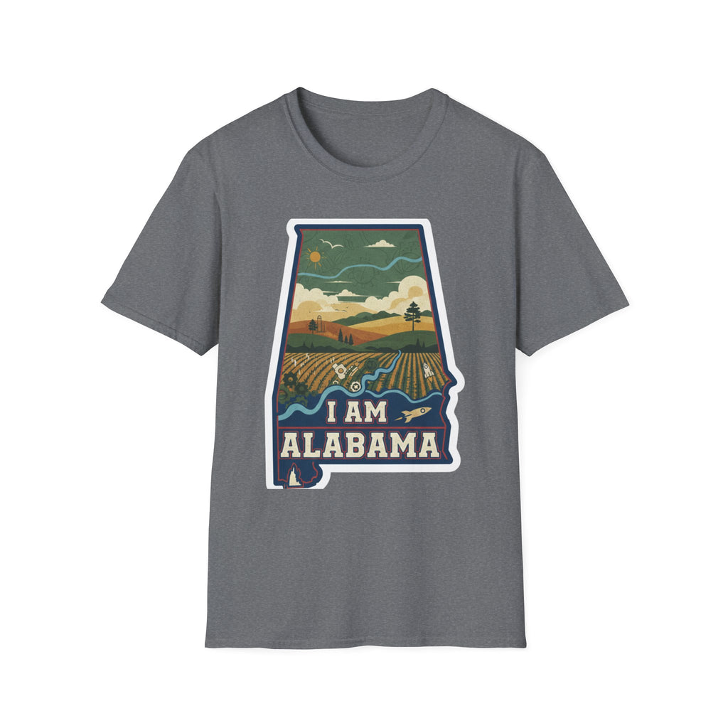 I Am Alabama T-shirt, light heather grey crew tee with “I AM ALABAMA” landscape graphic