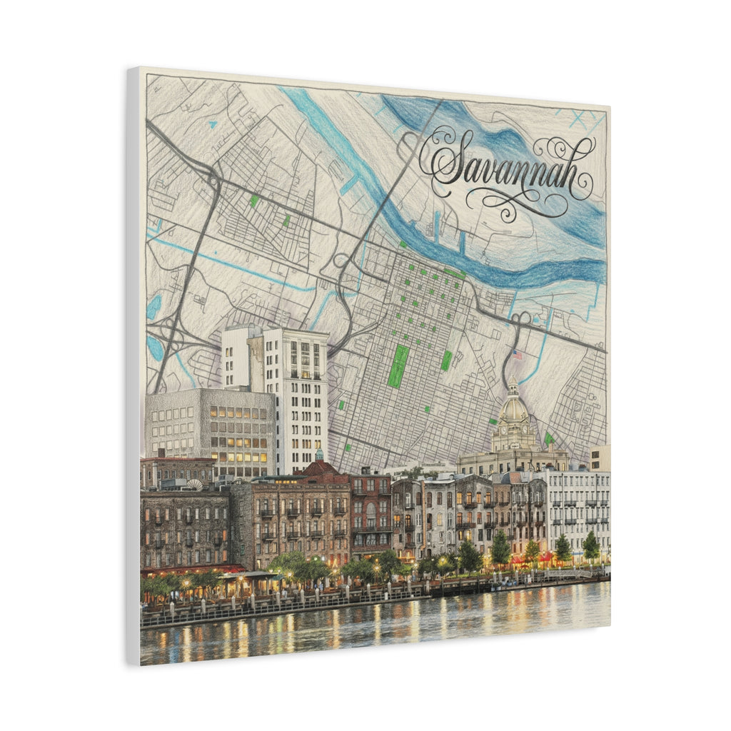 Savannah, GA stretched canvas art, 1.25 in: angled view of city map and river