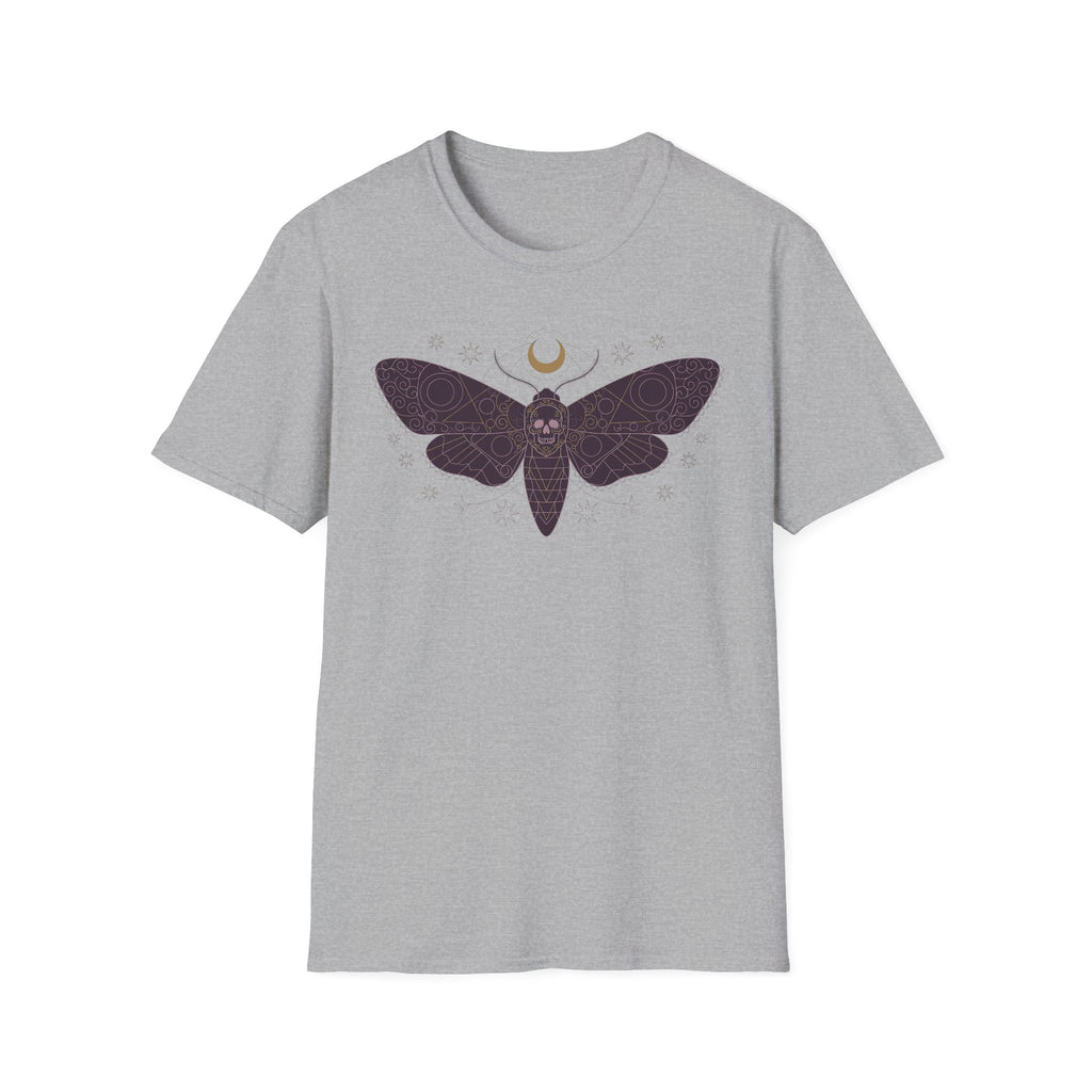 Heather gray T-shirt with purple moth skull graphic and crescent moon