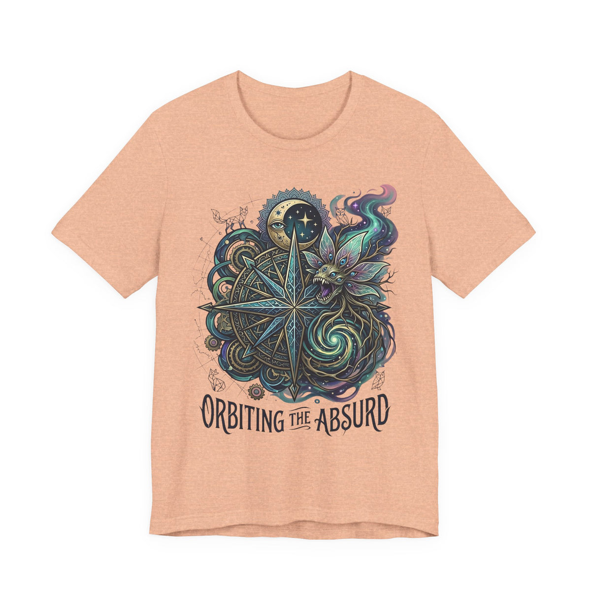 Peach graphic T-shirt with mystical cat and compass moon illustration, “Orbiting the Absurd” text