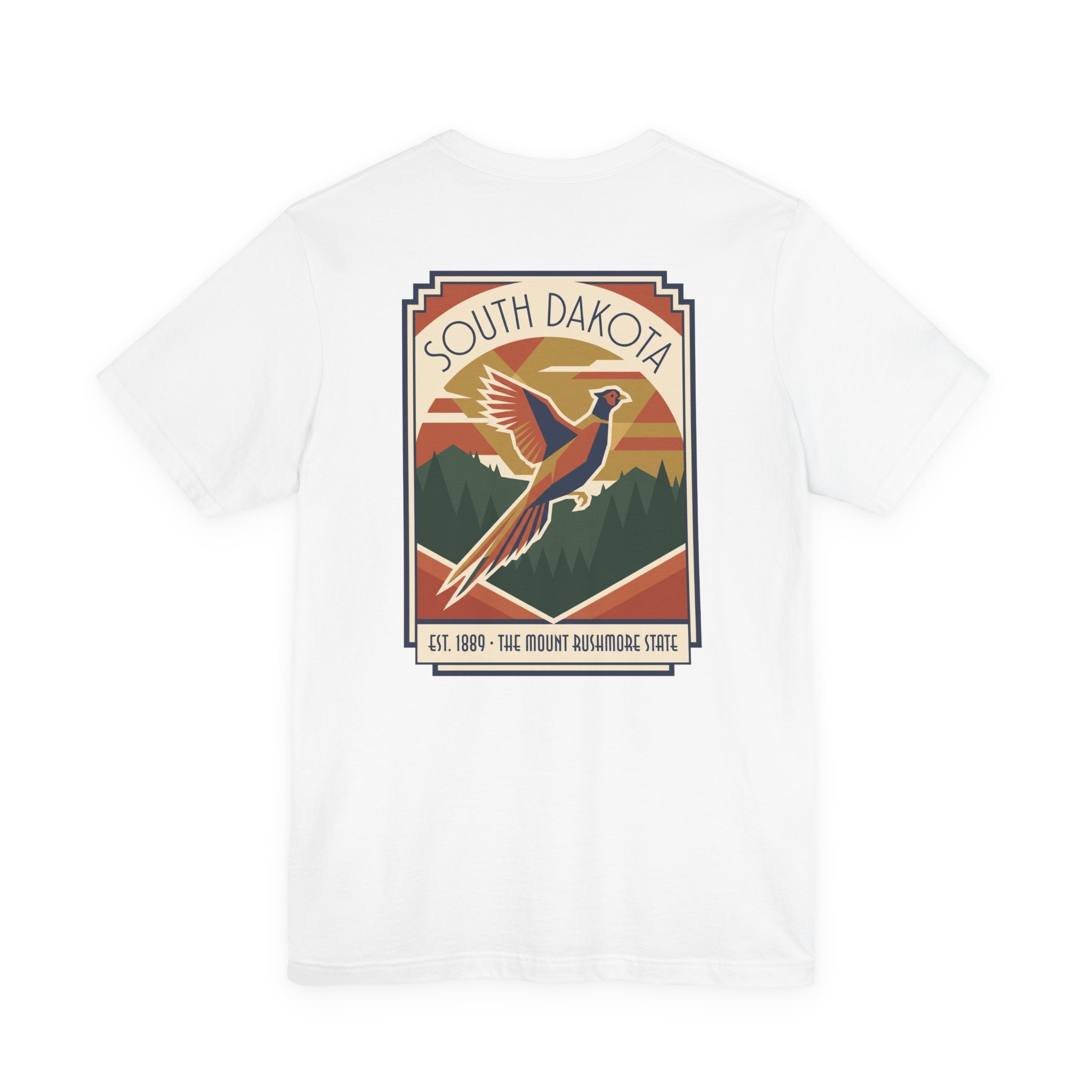 White t-shirt with South Dakota art deco pheasant graphic print