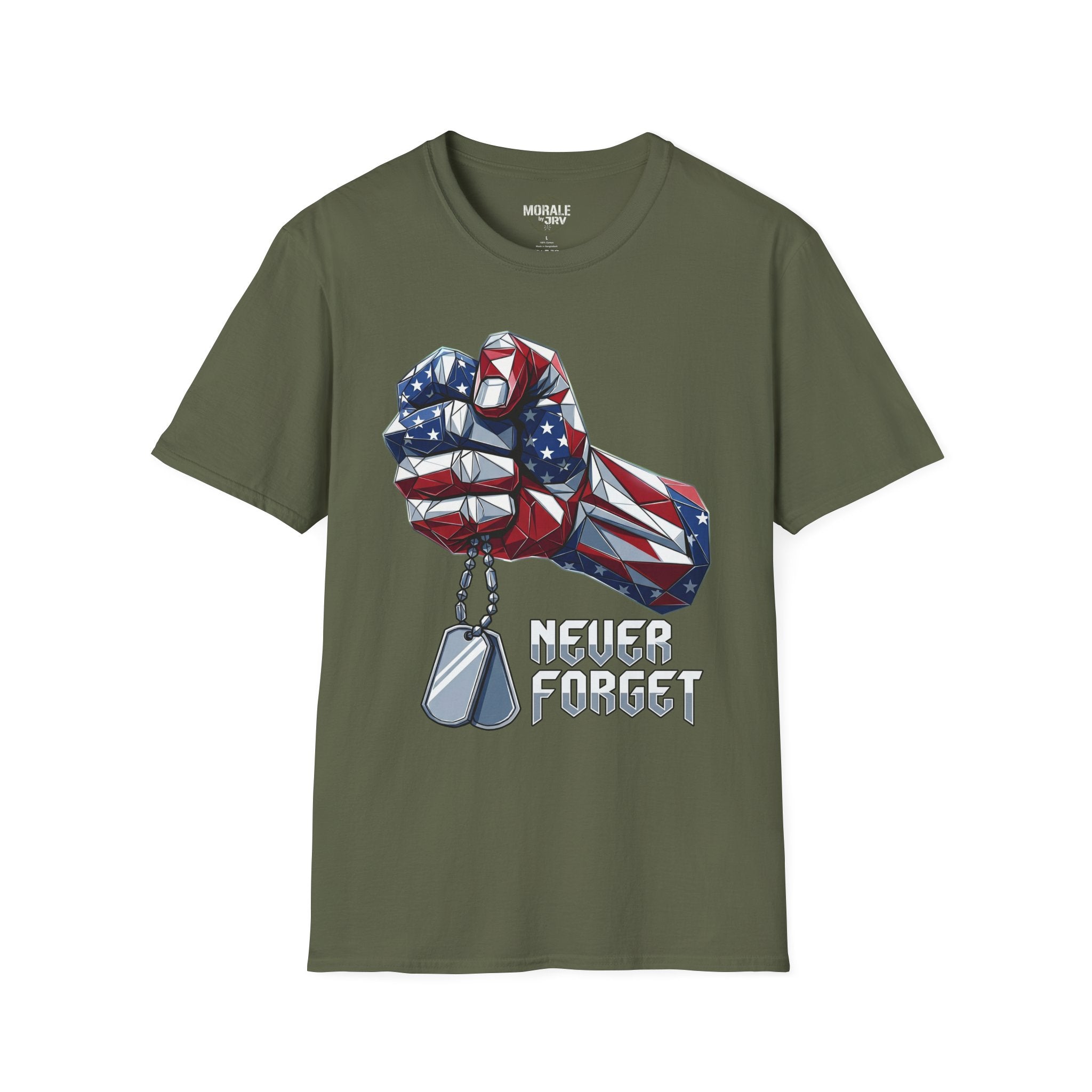 Olive green T-shirt with patriotic fist, dog tags, and “Never Forget” print