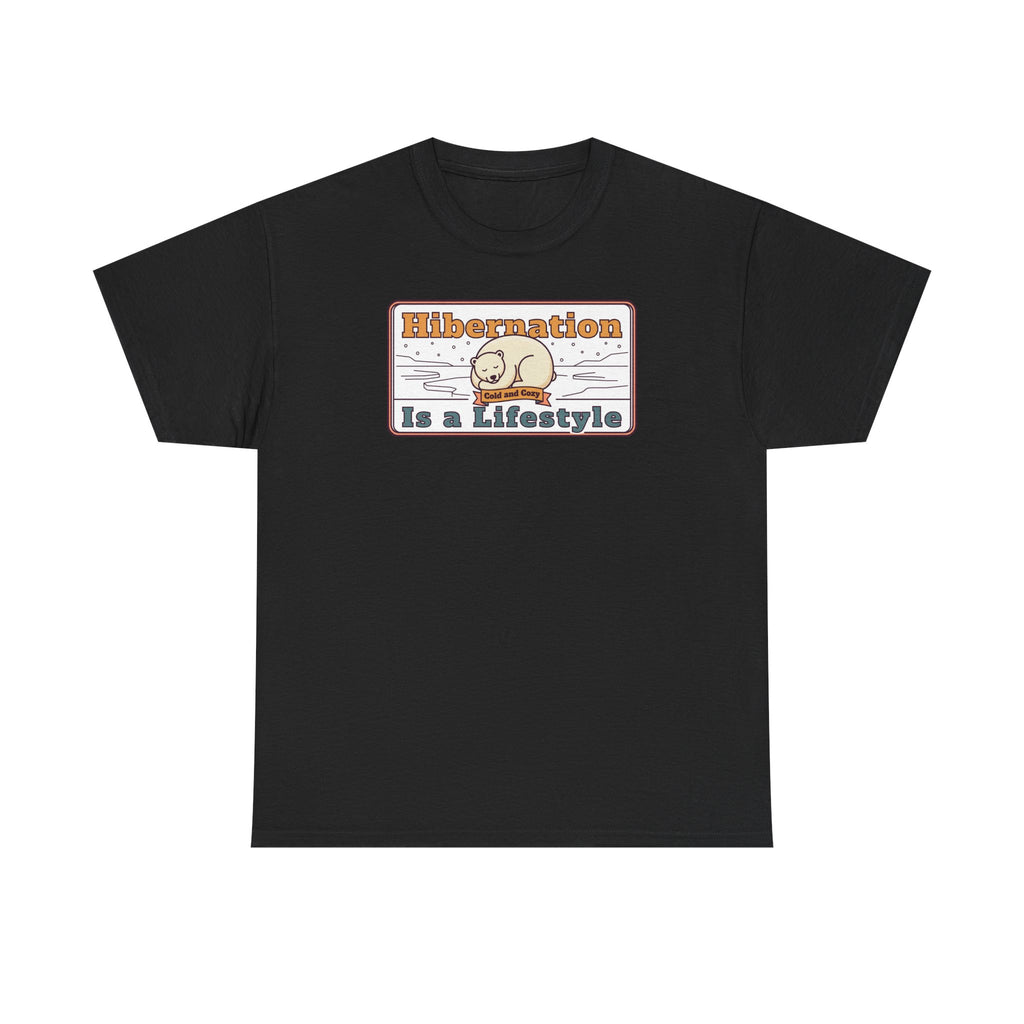 Black crew-neck T-shirt with “Hibernation Is a Lifestyle” sloth graphic on chest