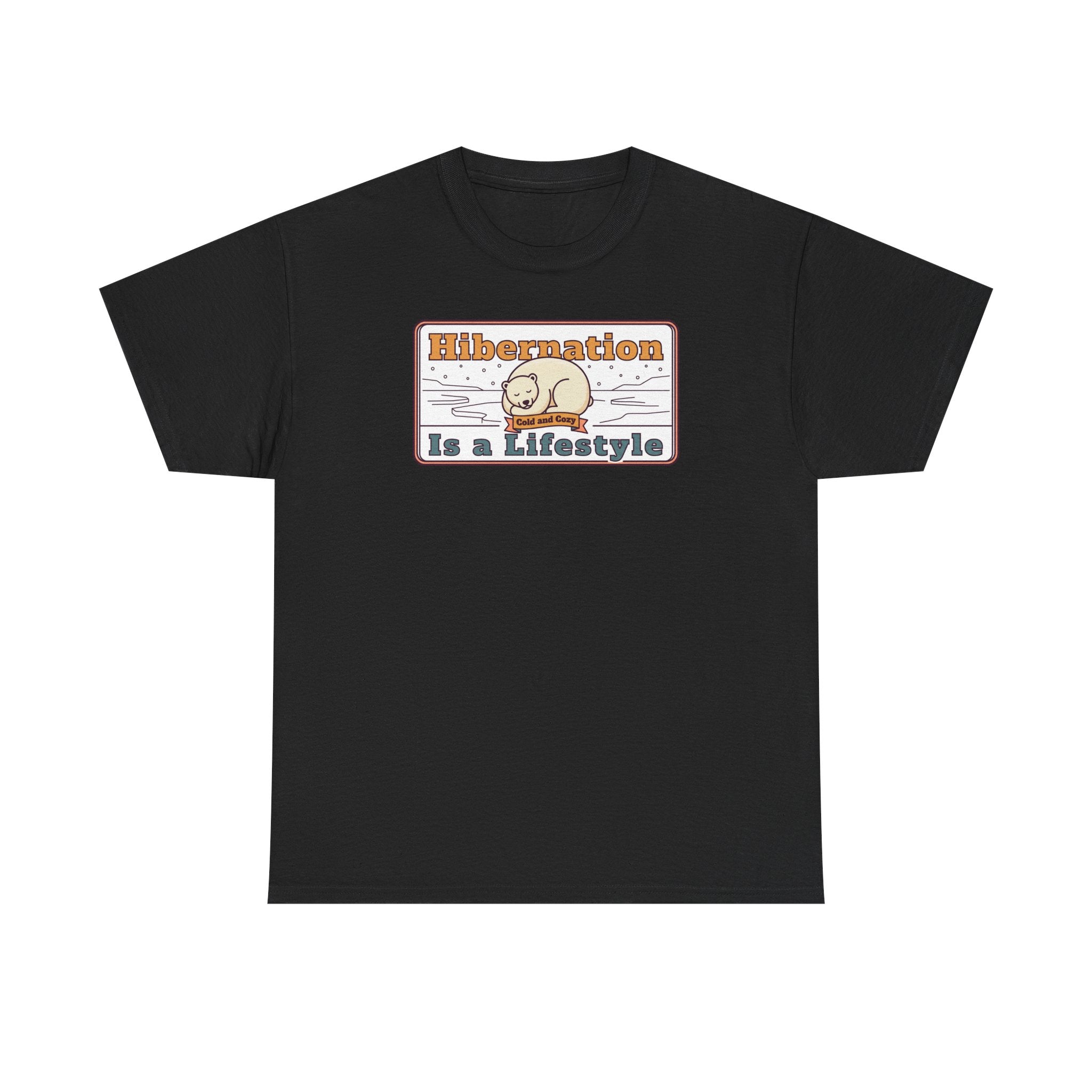 Black crew-neck T-shirt with “Hibernation Is a Lifestyle” sloth graphic on chest