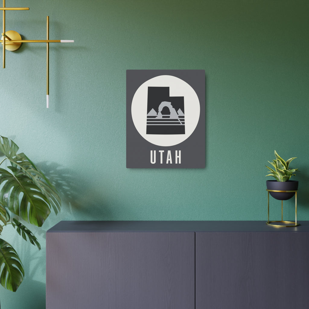 Utah metal wall art sign featuring mountain arch silhouette in a circle, UTAH