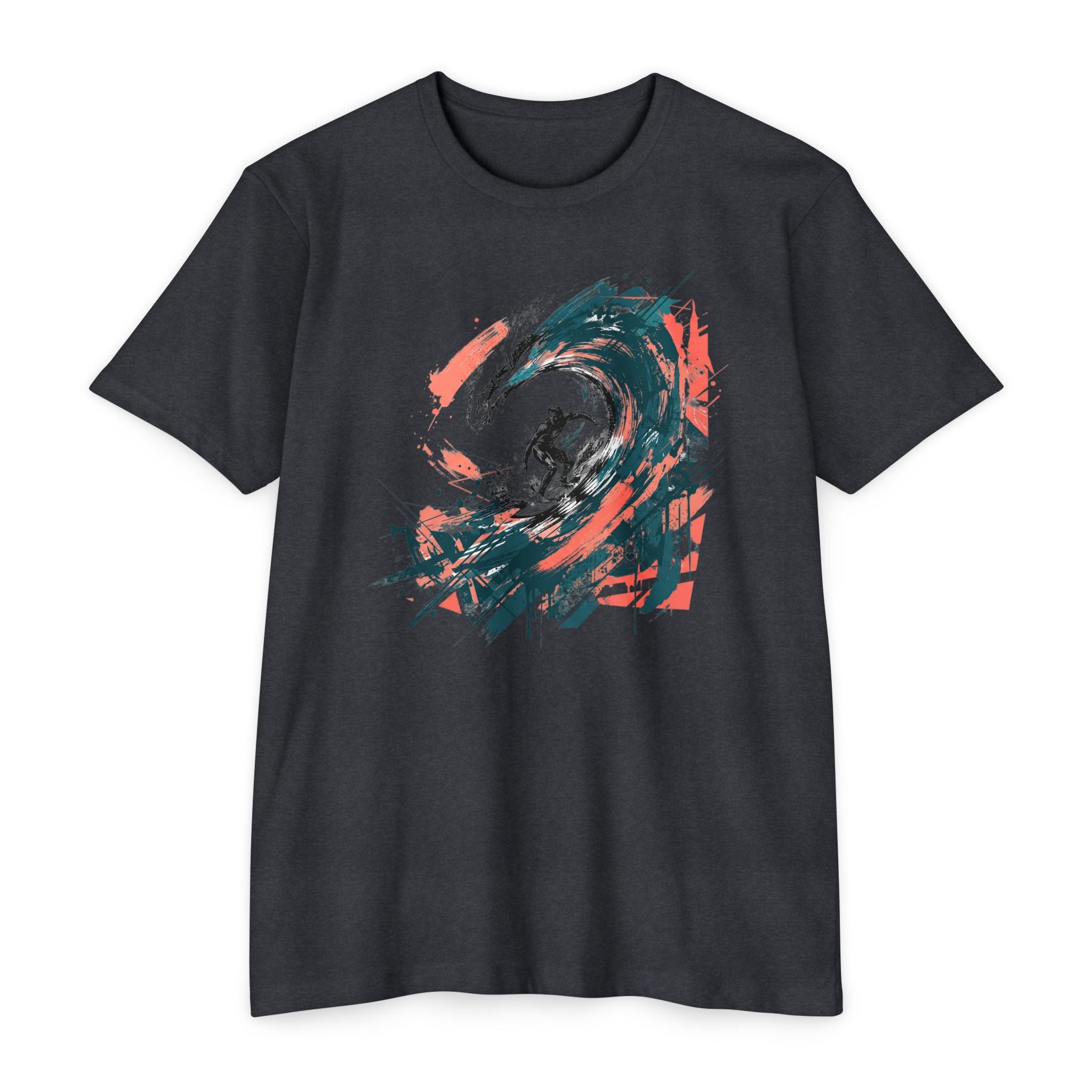 Charcoal unisex T-shirt with front abstract wave paintbrush graphic in teal, green, orange, and black