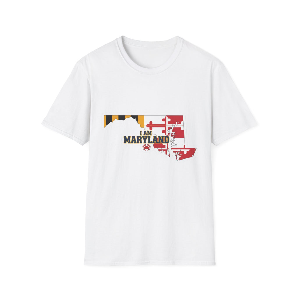 White Maryland state outline flag t-shirt with “I AM MARYLAND” graphic