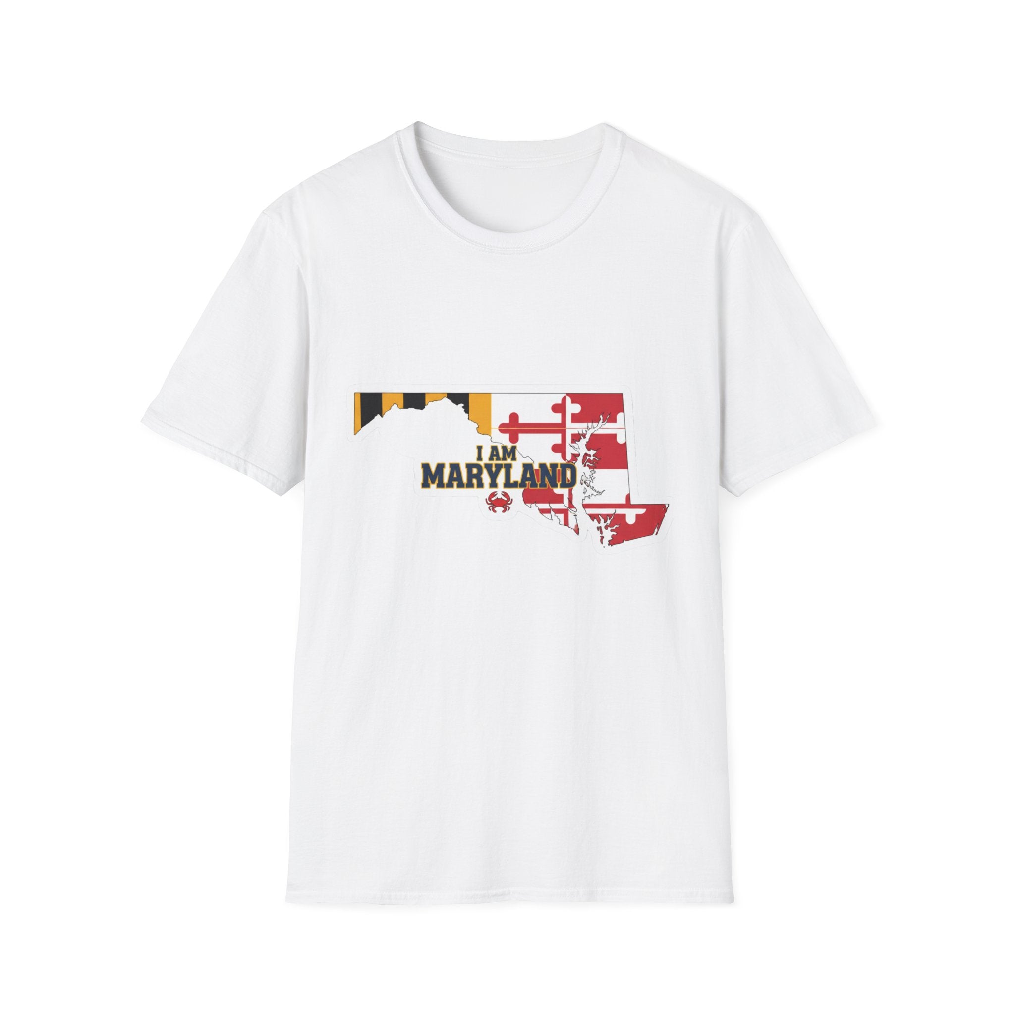 White Maryland state outline flag t-shirt with “I AM MARYLAND” graphic