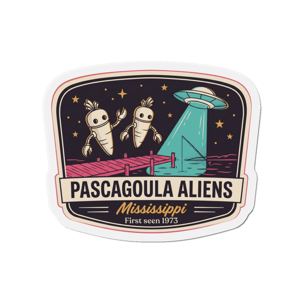 Die-cut magnet badge with alien characters and a teal UFO, 'Pascagoula Aliens' banner