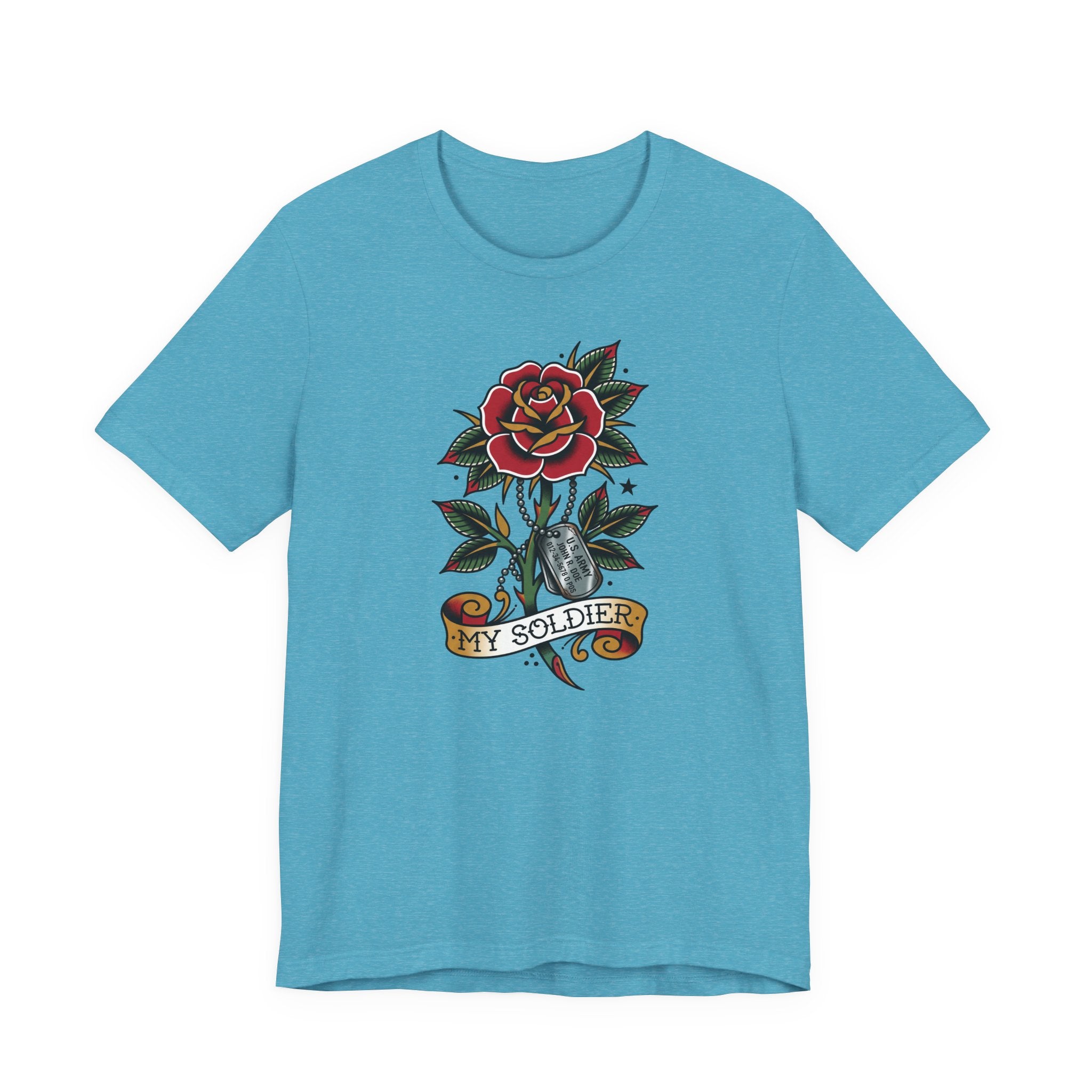 Light teal T-shirt with rose and dog tag graphic reading “MY SOLDIER”