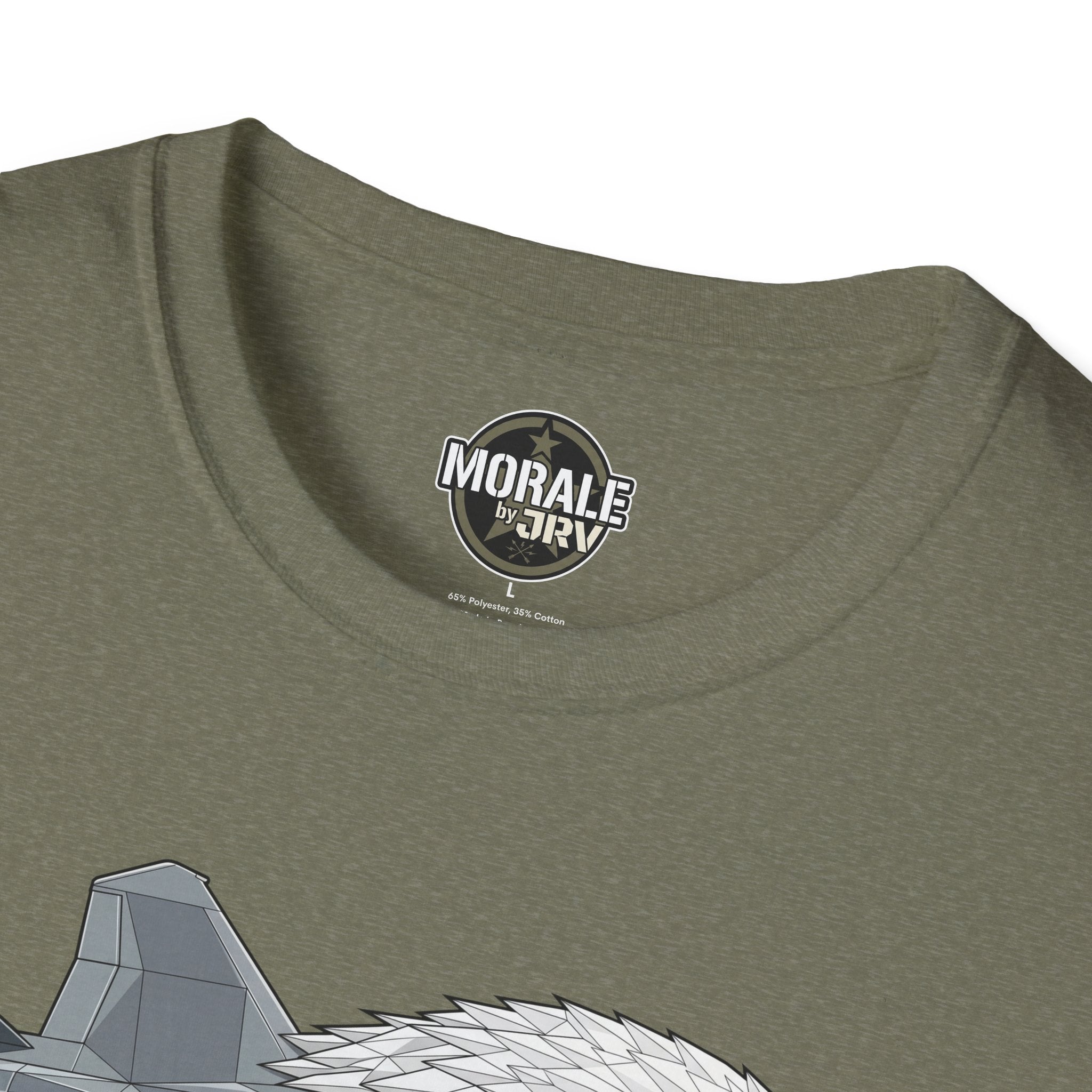 Heather Military Green T-Shirt neckline with Morale by JRIV logo