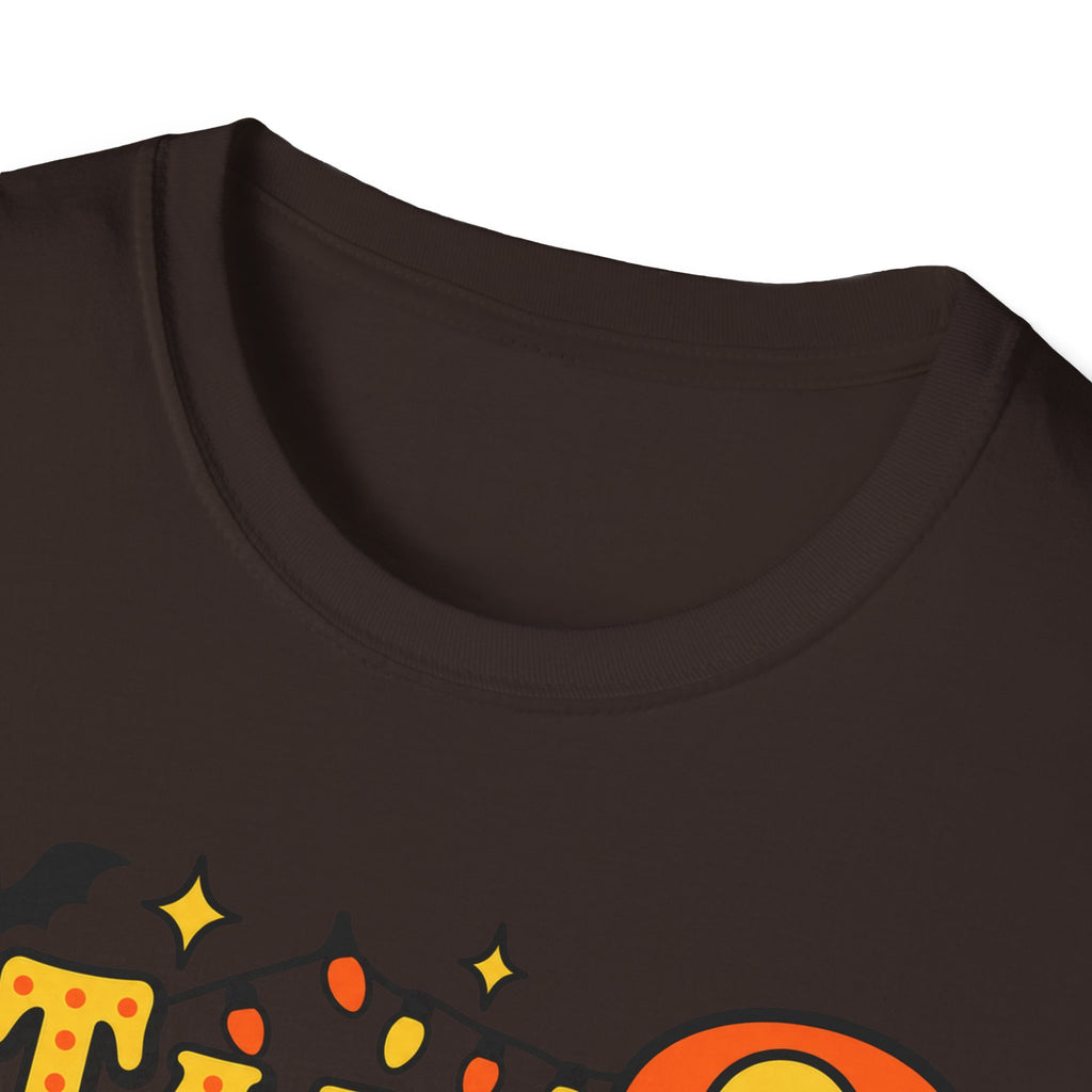 Dark crew-neck T-shirt with partial Halloween “Talk Spooky” graphic near chest