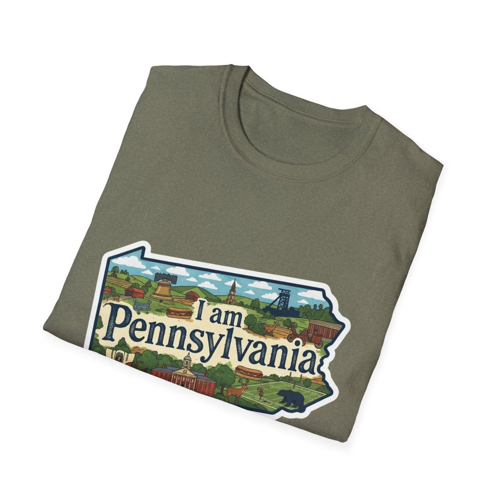 Pennsylvania T‑Shirt in Heather Military Green with “I am Pennsylvania” scenic state print