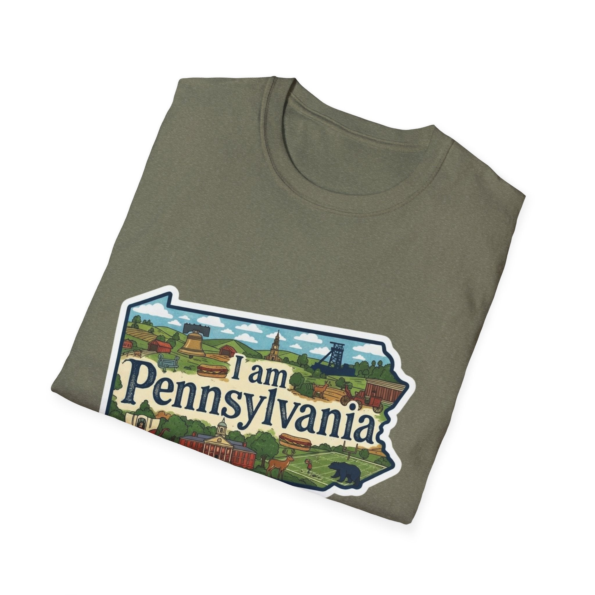 Pennsylvania T‑Shirt in Heather Military Green with “I am Pennsylvania” scenic state print