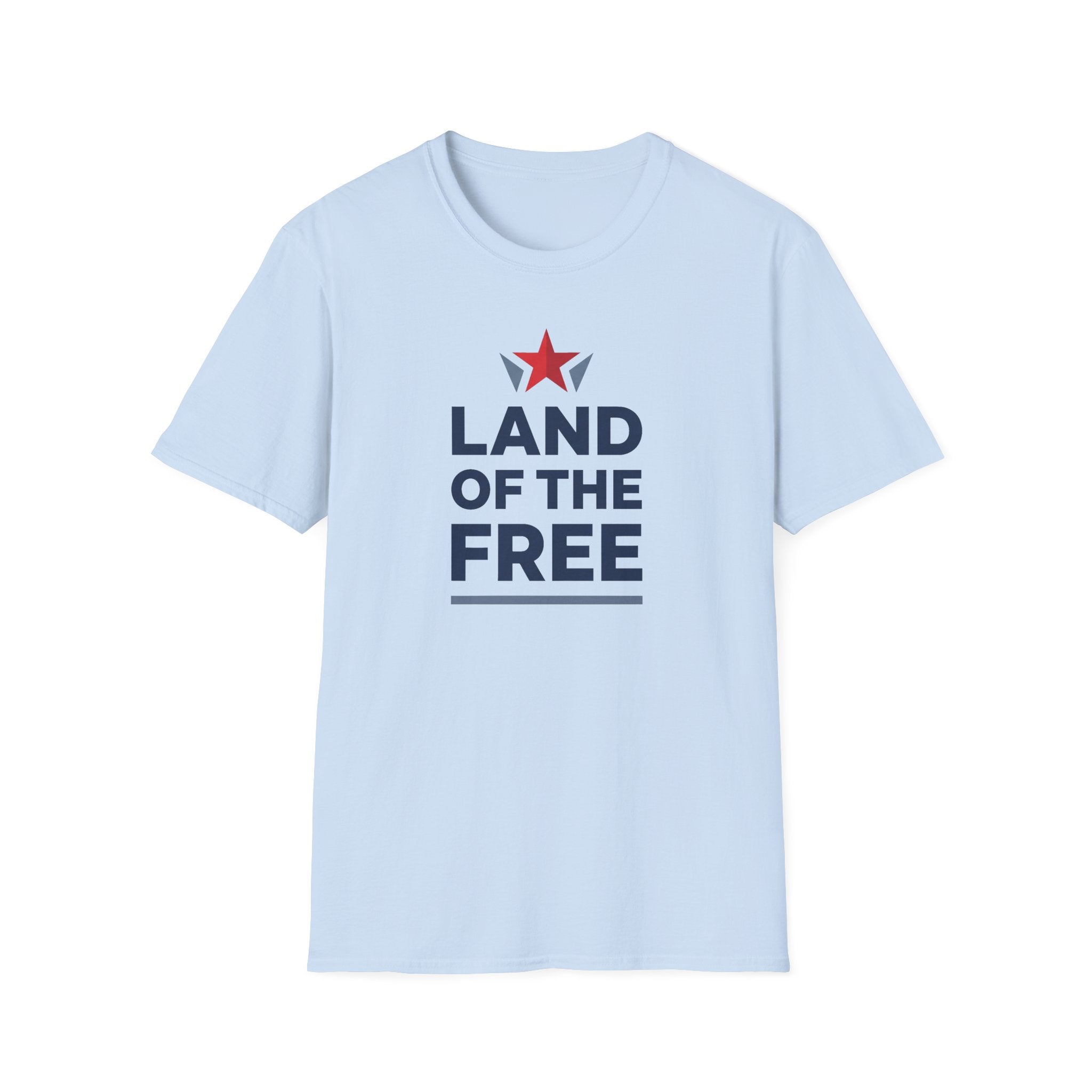 Light blue crew-neck T-shirt with red star above “LAND OF THE FREE” graphic